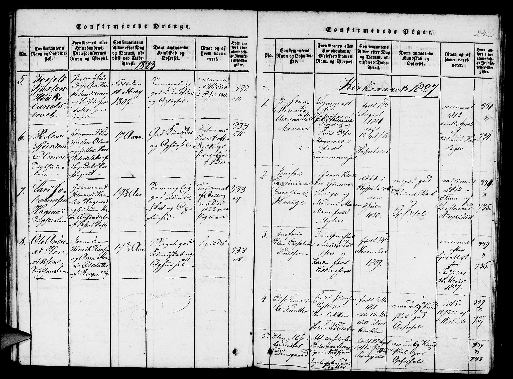 St. Jørgens hospital og Årstad sokneprestembete, AV/SAB-A-99934: Parish register (copy) no. A 1, 1816-1843, p. 242