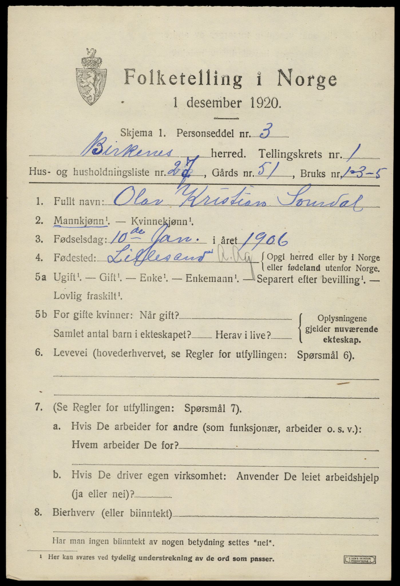 SAK, 1920 census for Birkenes, 1920, p. 1059