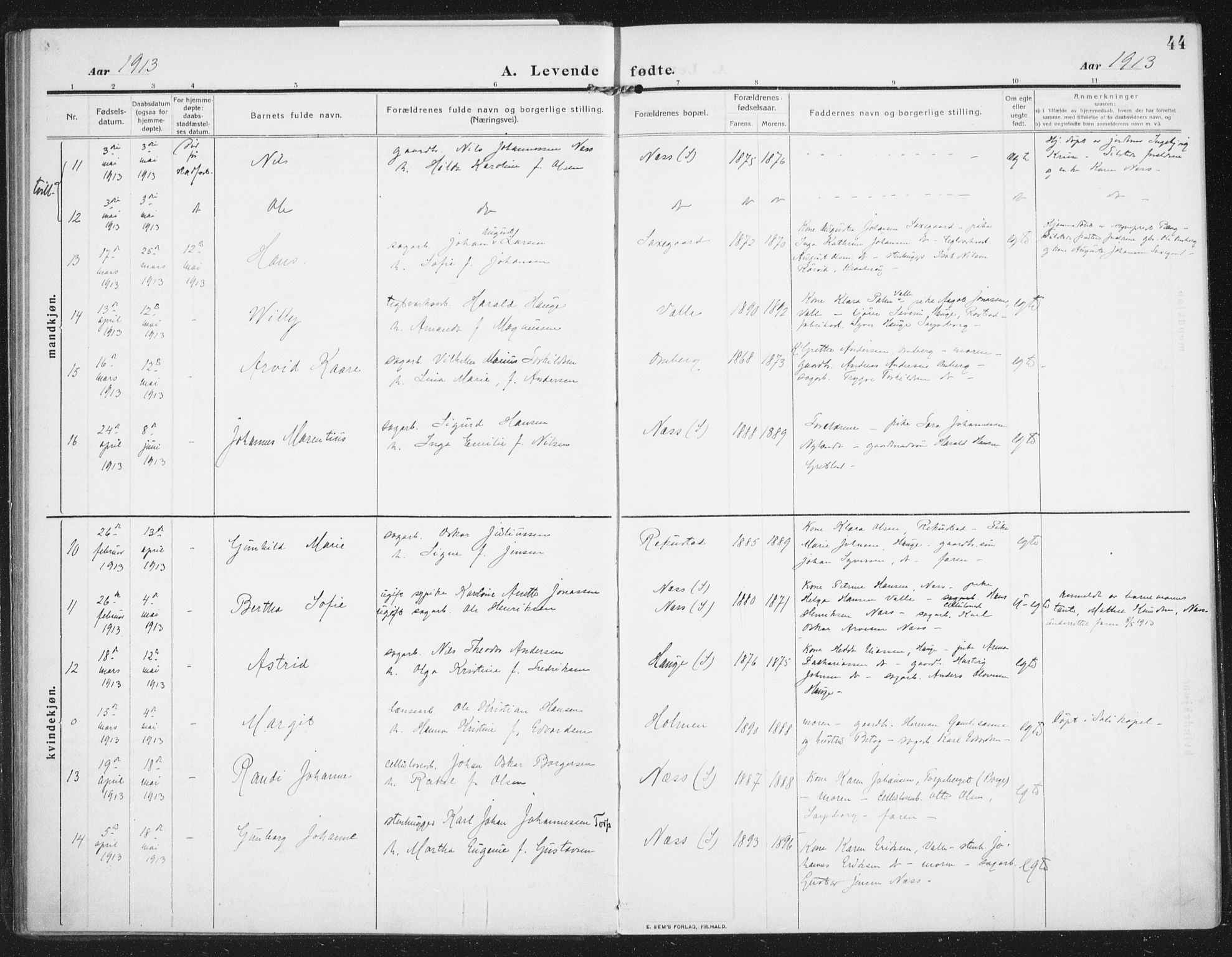 Rolvsøy prestekontor Kirkebøker, AV/SAO-A-2004/F/Fa/L0002: Parish register (official) no. 2, 1909-1917, p. 44