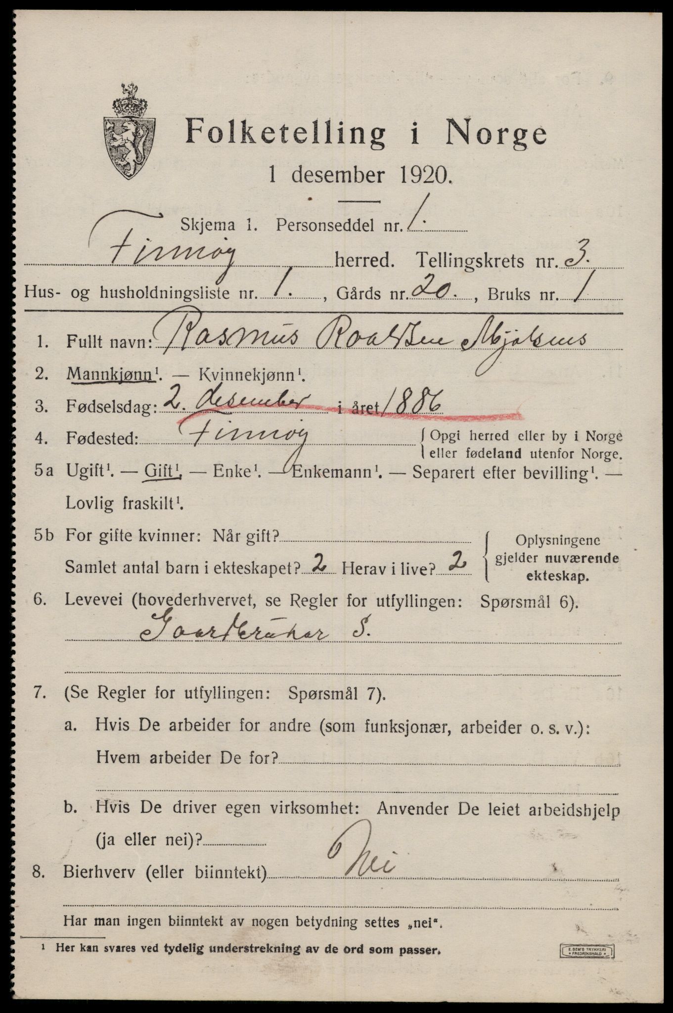 SAST, 1920 census for Finnøy, 1920, p. 2170