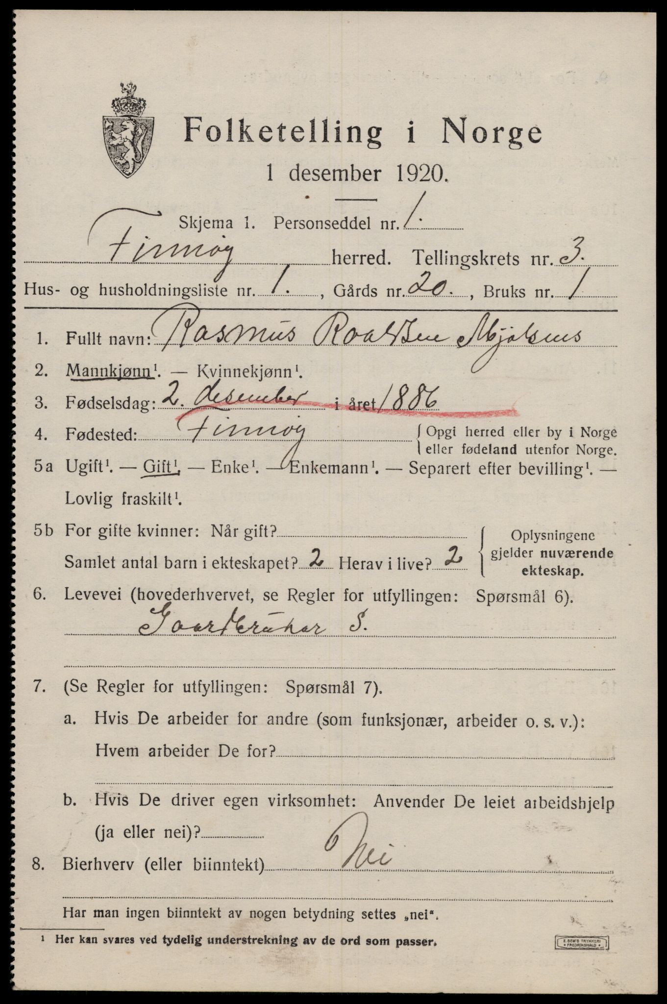 SAST, 1920 census for Finnøy, 1920, p. 2170