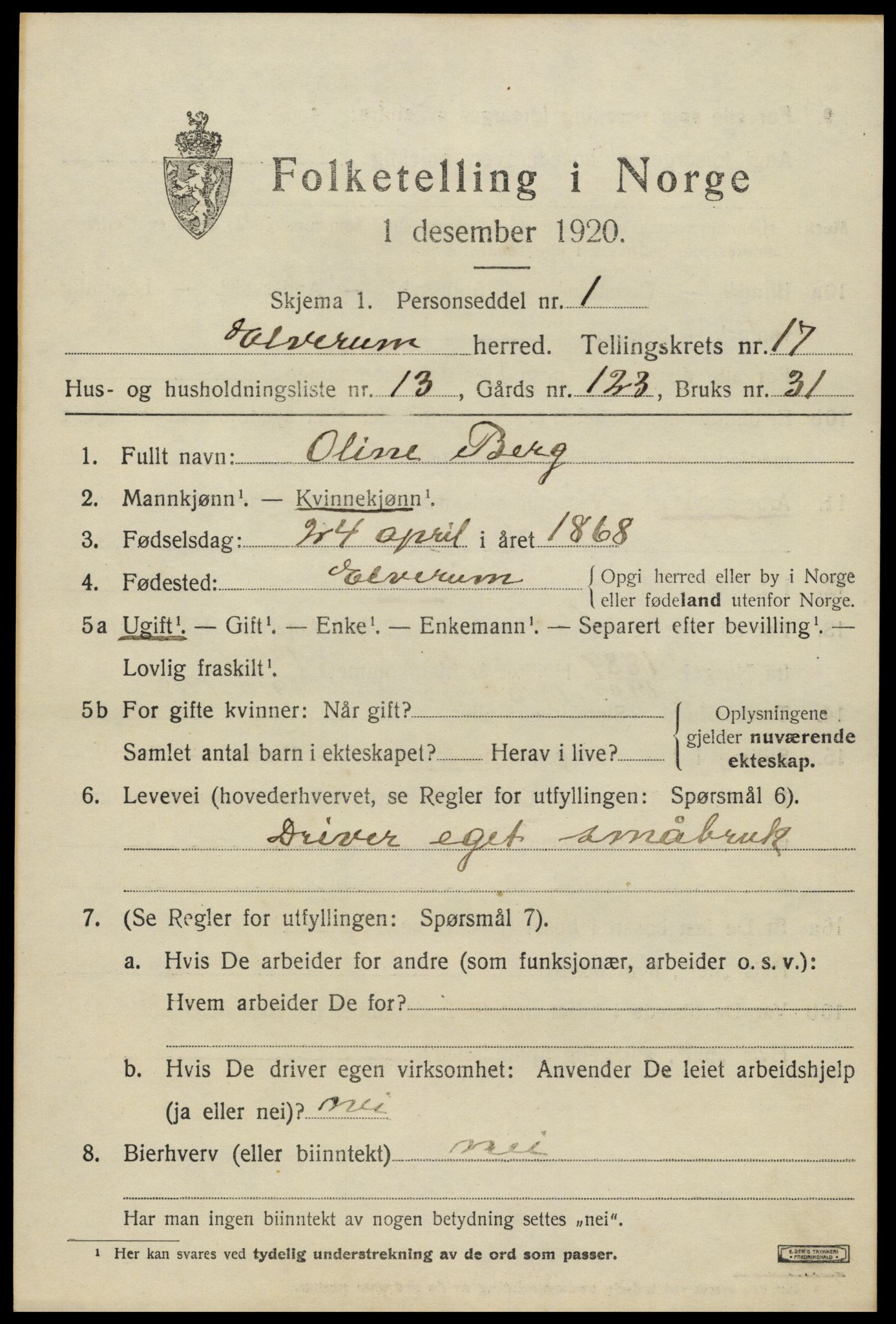 SAH, 1920 census for Elverum, 1920, p. 21430