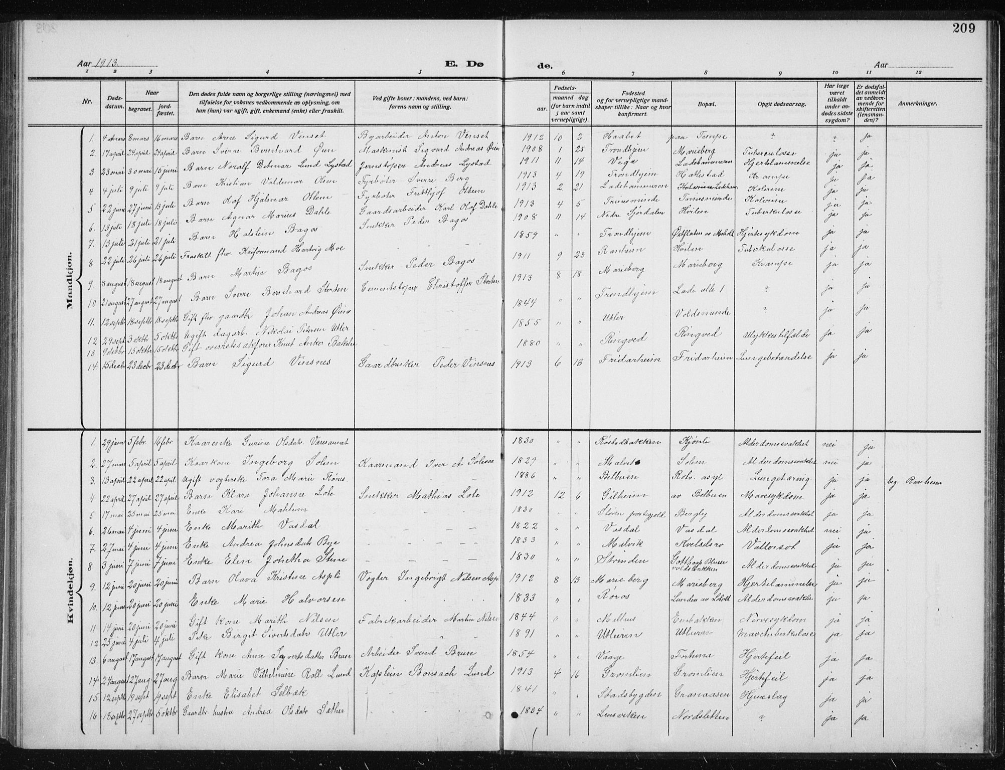 Ministerialprotokoller, klokkerbøker og fødselsregistre - Sør-Trøndelag, SAT/A-1456/606/L0314: Parish register (copy) no. 606C10, 1911-1937, p. 209