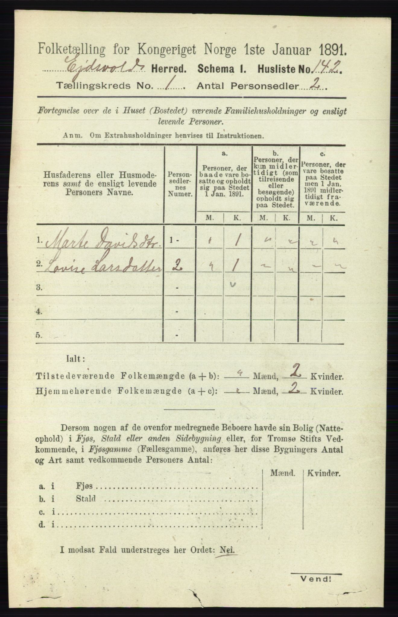 RA, 1891 census for 0237 Eidsvoll, 1891, p. 189