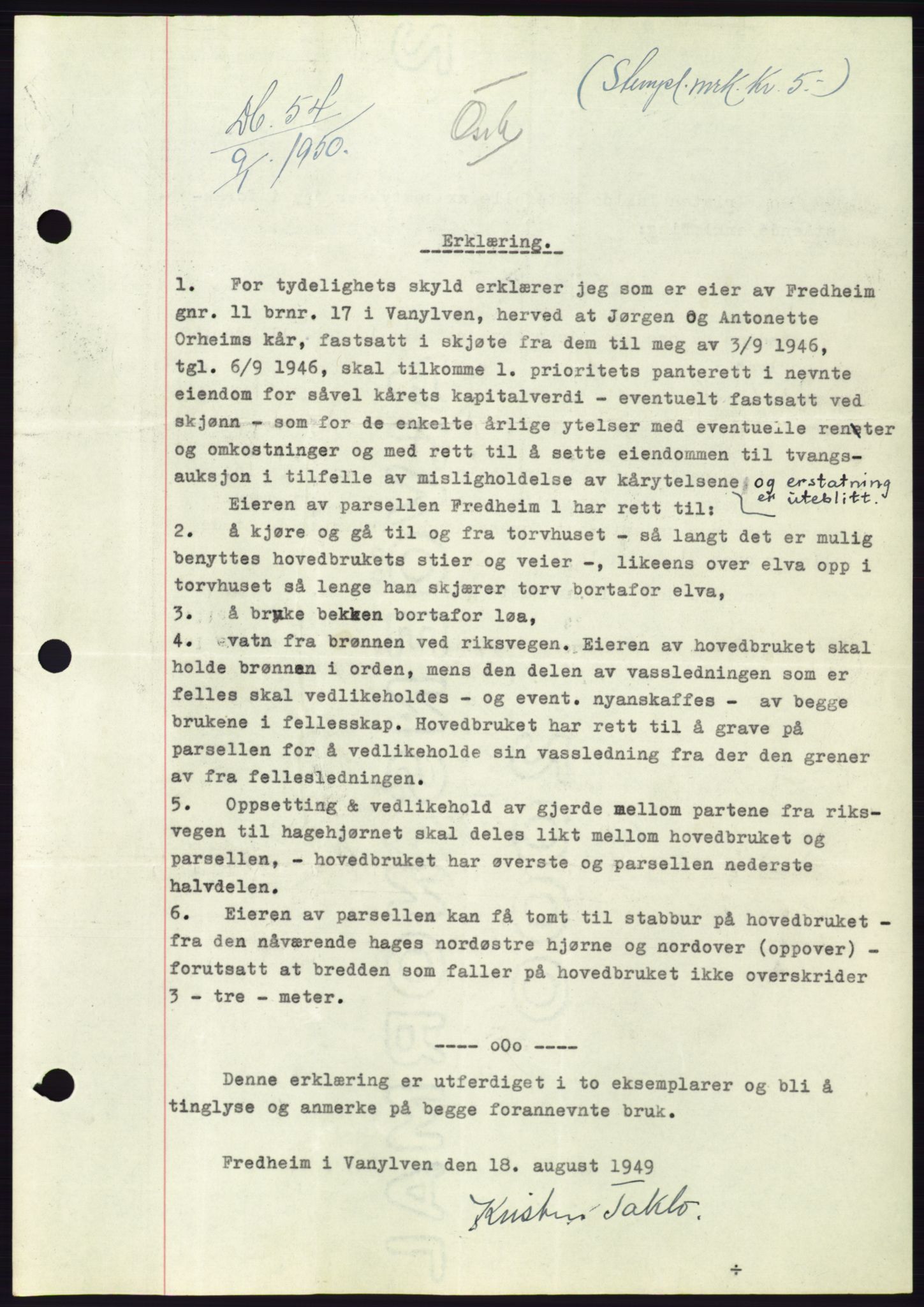 Søre Sunnmøre sorenskriveri, AV/SAT-A-4122/1/2/2C/L0086: Mortgage book no. 12A, 1949-1950, Diary no: : 54/1950