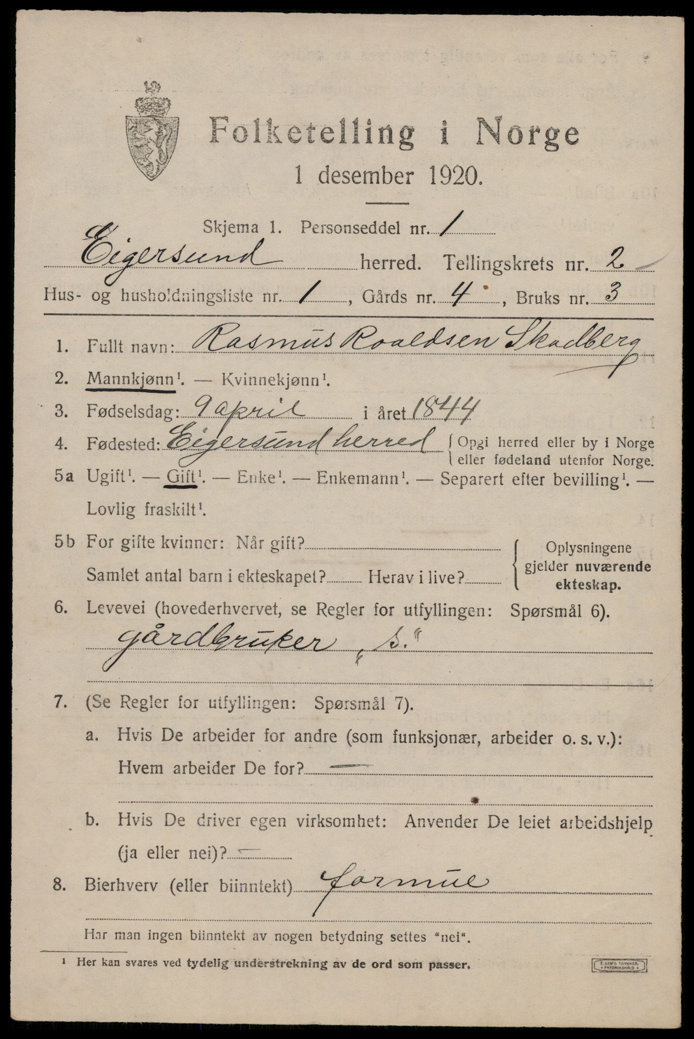 SAST, 1920 census for Eigersund, 1920, p. 1623