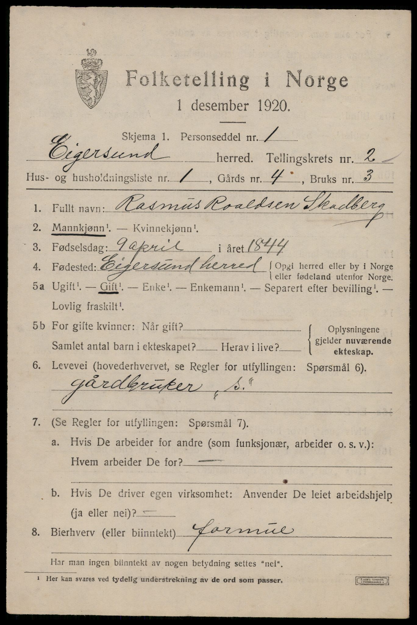 SAST, 1920 census for Eigersund, 1920, p. 1623
