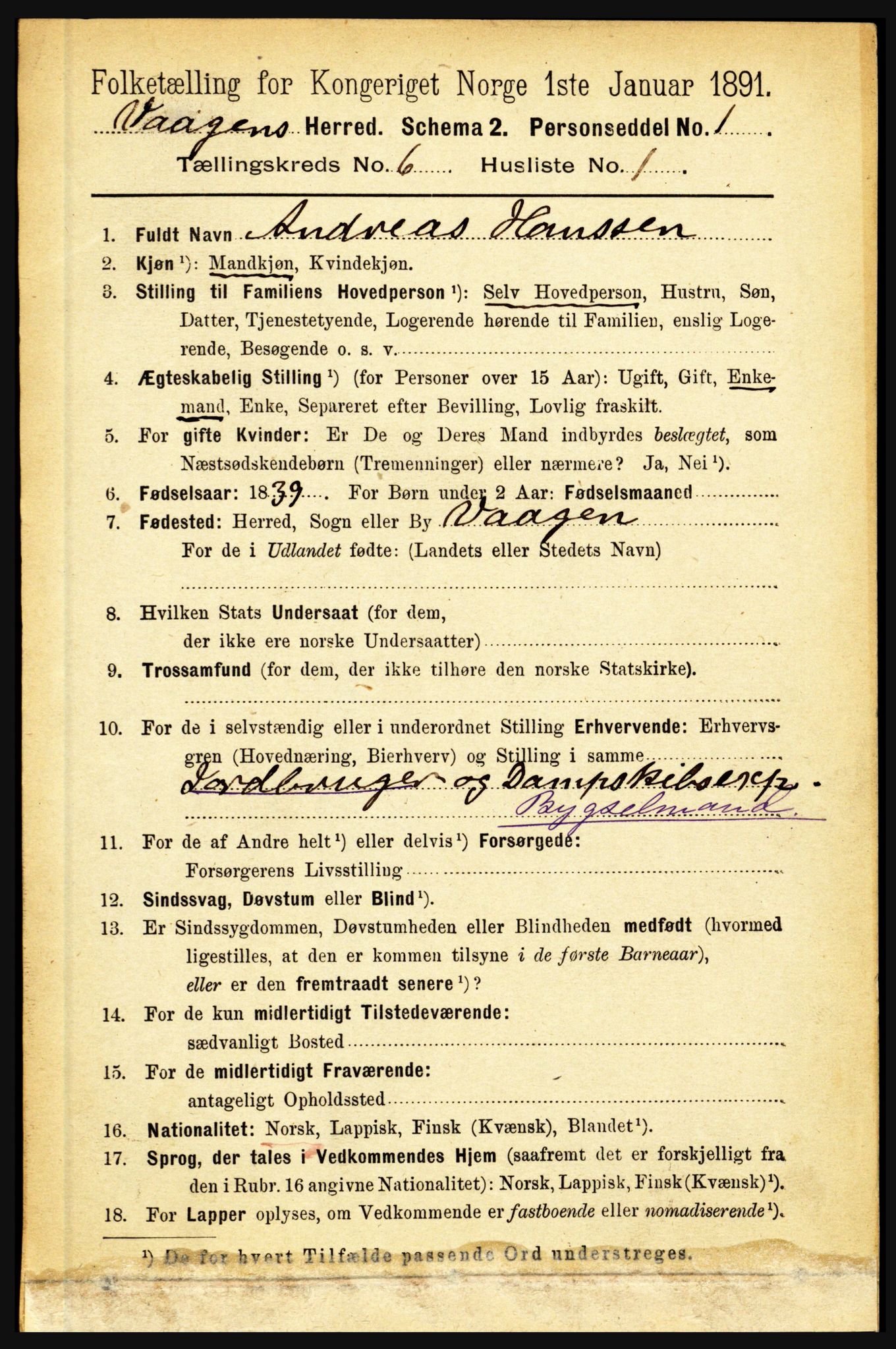 RA, 1891 census for 1865 Vågan, 1891, p. 1703