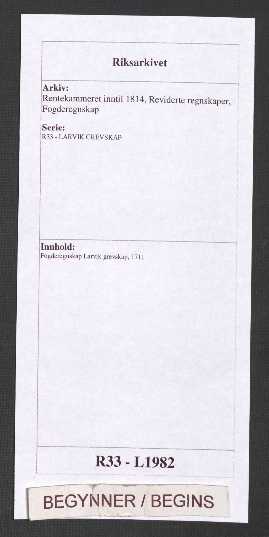 Rentekammeret inntil 1814, Reviderte regnskaper, Fogderegnskap, AV/RA-EA-4092/R33/L1982: Fogderegnskap Larvik grevskap, 1711, p. 1