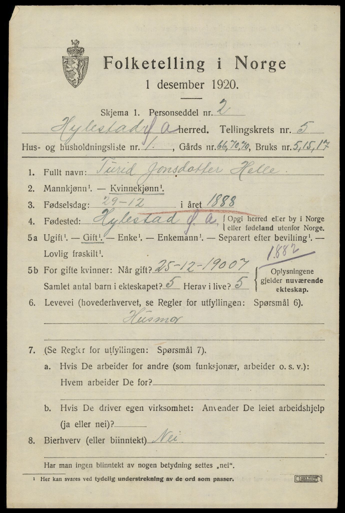 SAK, 1920 census for Hylestad, 1920, p. 1388