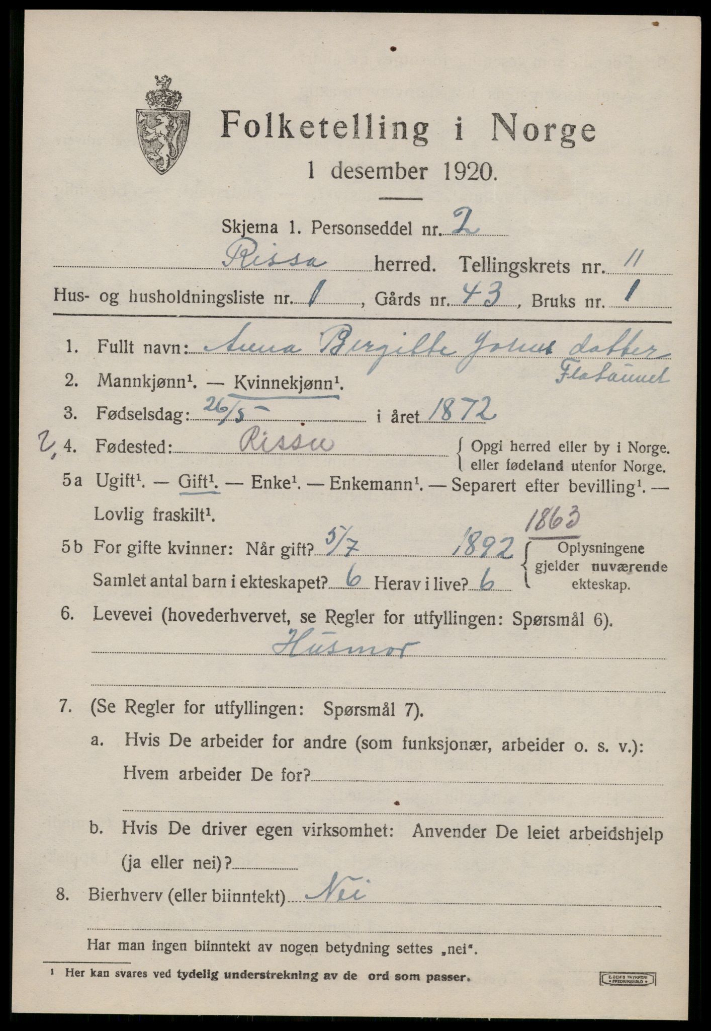 SAT, 1920 census for Rissa, 1920, p. 6979