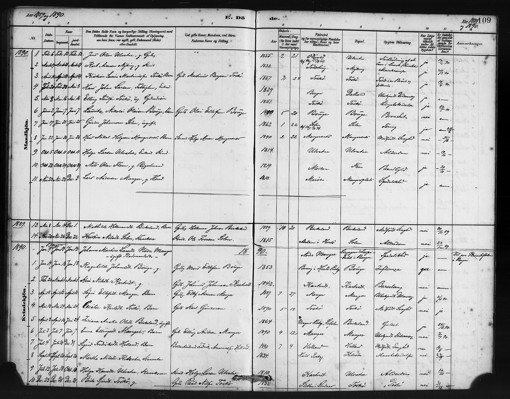 Manger sokneprestembete, SAB/A-76801/H/Haa: Parish register (official) no. B 1, 1881-1892, p. 109