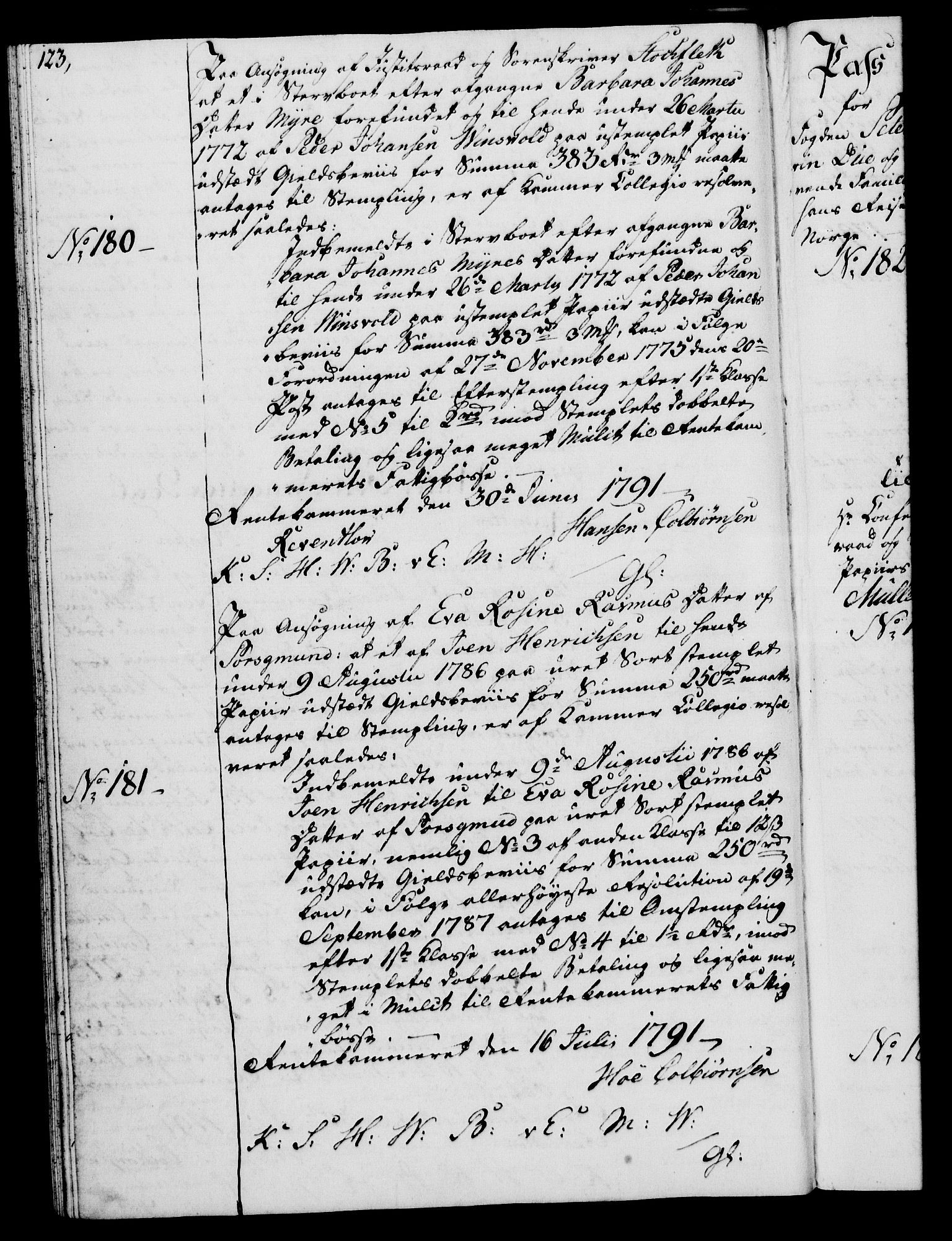 Rentekammeret, Kammerkanselliet, RA/EA-3111/G/Gg/Gga/L0015: Norsk ekspedisjonsprotokoll med register (merket RK 53.15), 1790-1791, p. 123