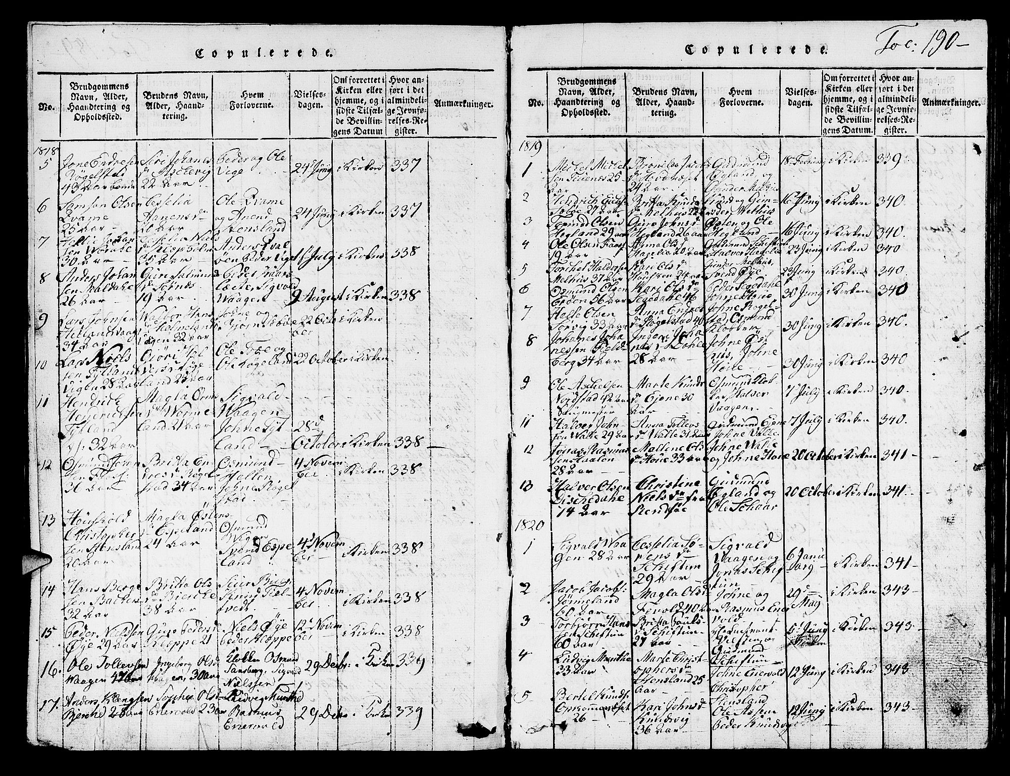 Hjelmeland sokneprestkontor, SAST/A-101843/01/V/L0001: Parish register (copy) no. B 1, 1816-1841, p. 190