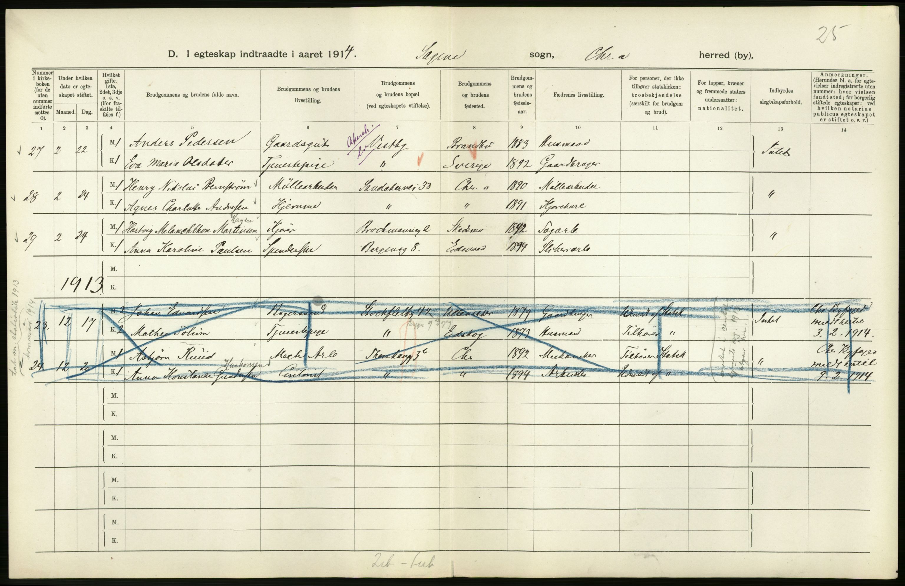 Statistisk sentralbyrå, Sosiodemografiske emner, Befolkning, AV/RA-S-2228/D/Df/Dfb/Dfbd/L0007: Kristiania: Gifte, 1914, p. 158