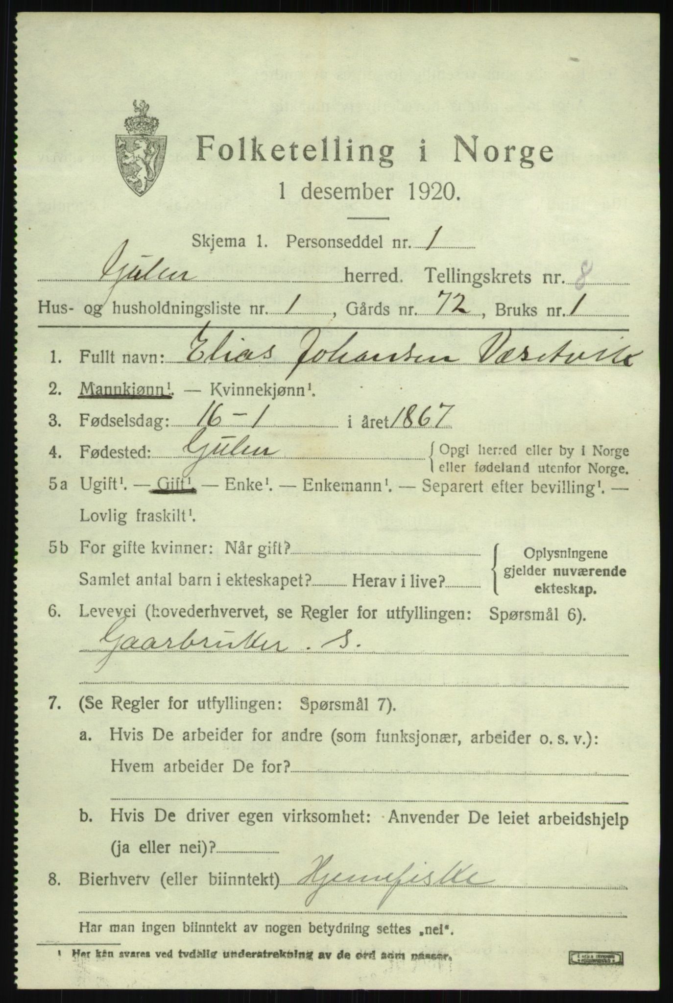 SAB, 1920 census for Gulen, 1920, p. 3495