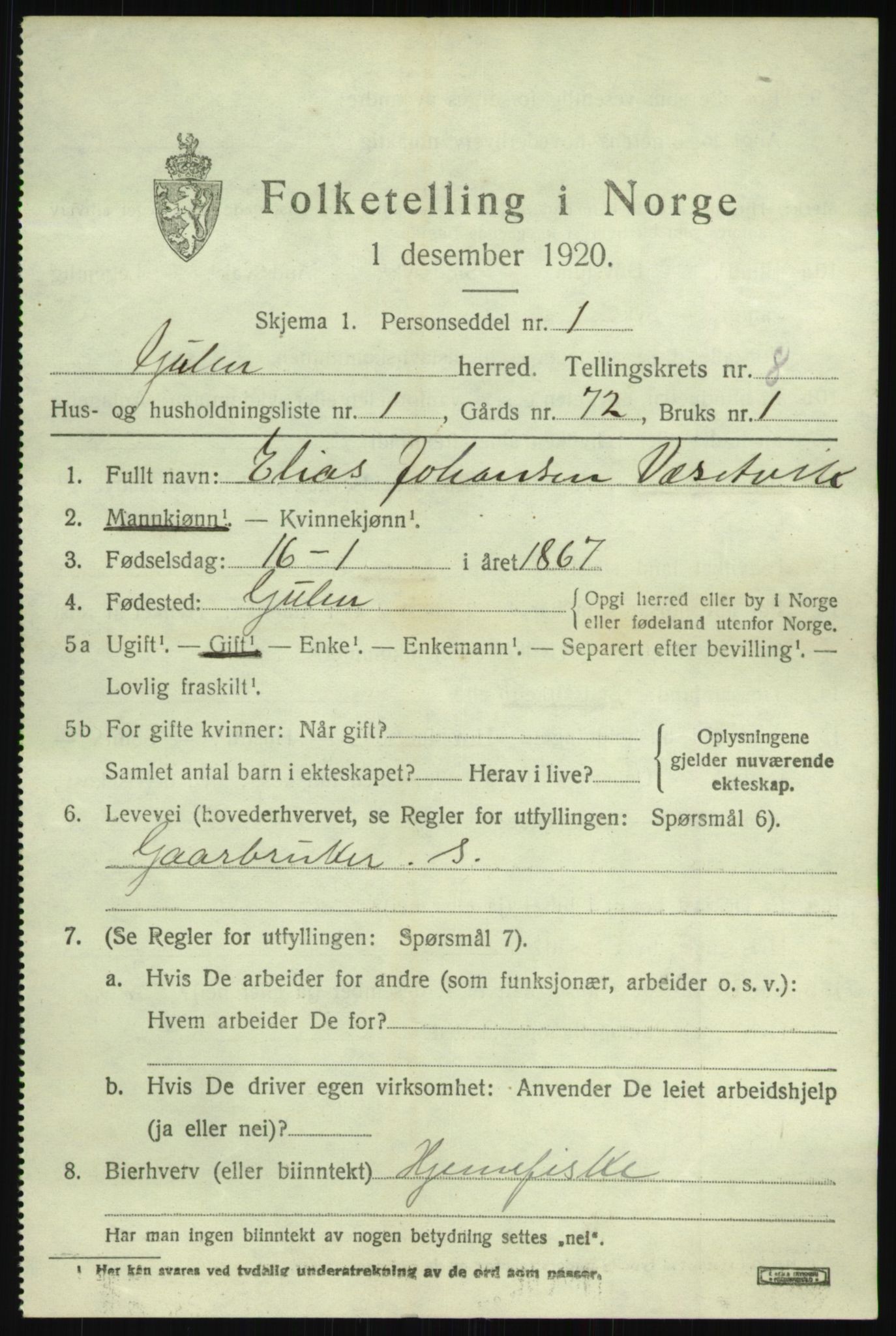 SAB, 1920 census for Gulen, 1920, p. 3495