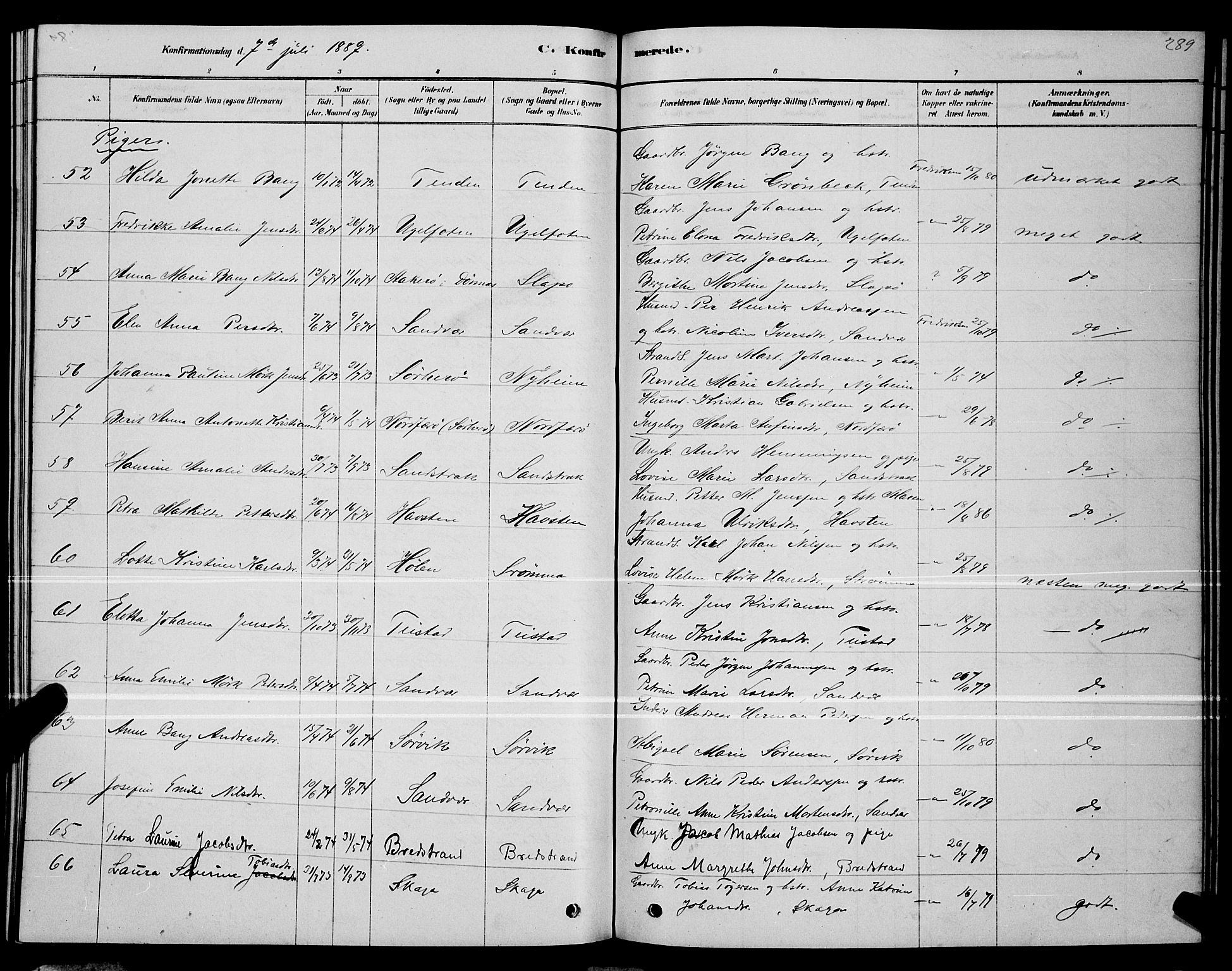 Ministerialprotokoller, klokkerbøker og fødselsregistre - Nordland, AV/SAT-A-1459/834/L0513: Parish register (copy) no. 834C04, 1877-1892, p. 289