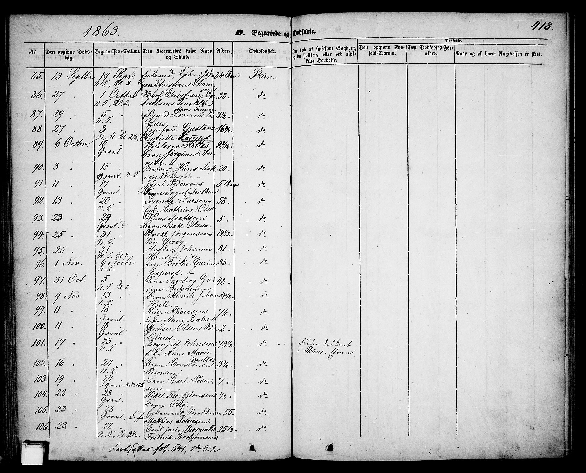 Skien kirkebøker, SAKO/A-302/G/Ga/L0004: Parish register (copy) no. 4, 1843-1867, p. 418