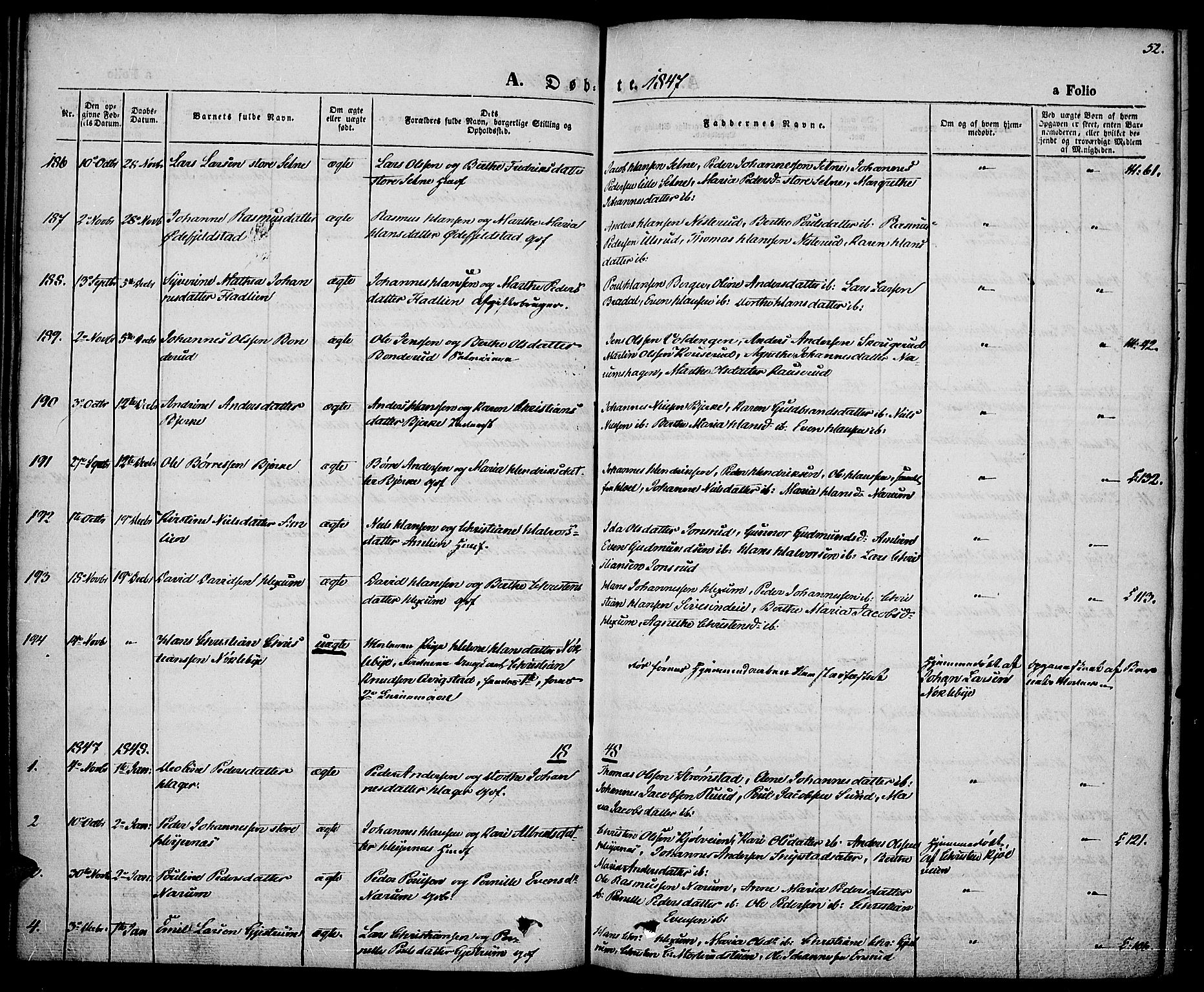 Vestre Toten prestekontor, SAH/PREST-108/H/Ha/Haa/L0004: Parish register (official) no. 4, 1844-1849, p. 52