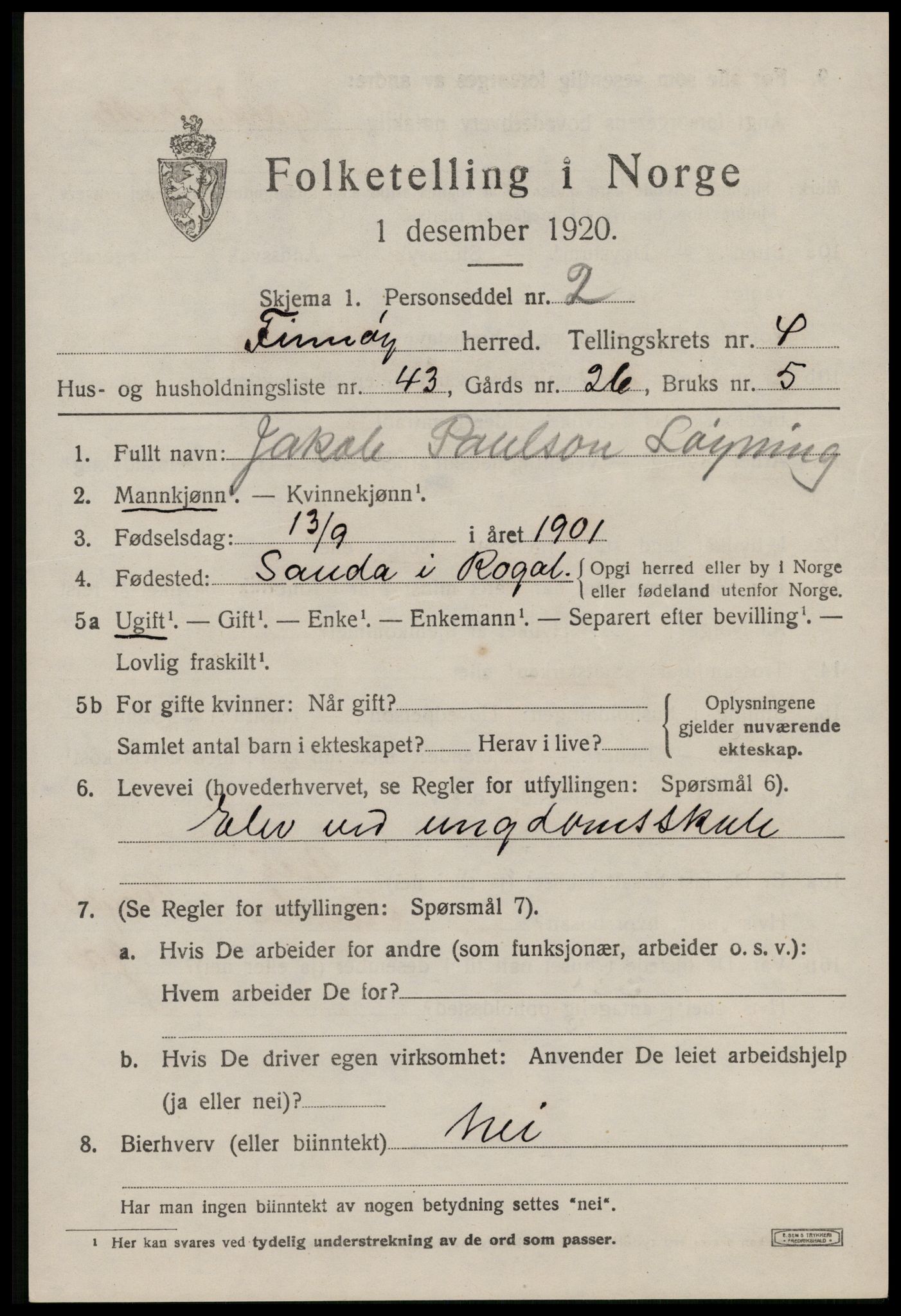 SAST, 1920 census for Finnøy, 1920, p. 2818