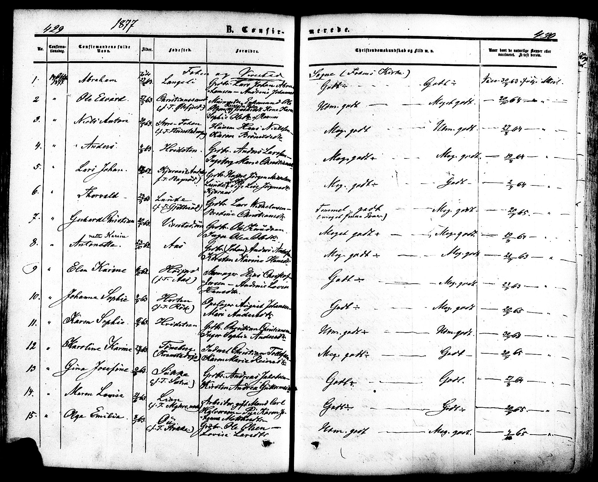 Ramnes kirkebøker, SAKO/A-314/F/Fa/L0006: Parish register (official) no. I 6, 1862-1877, p. 429-430