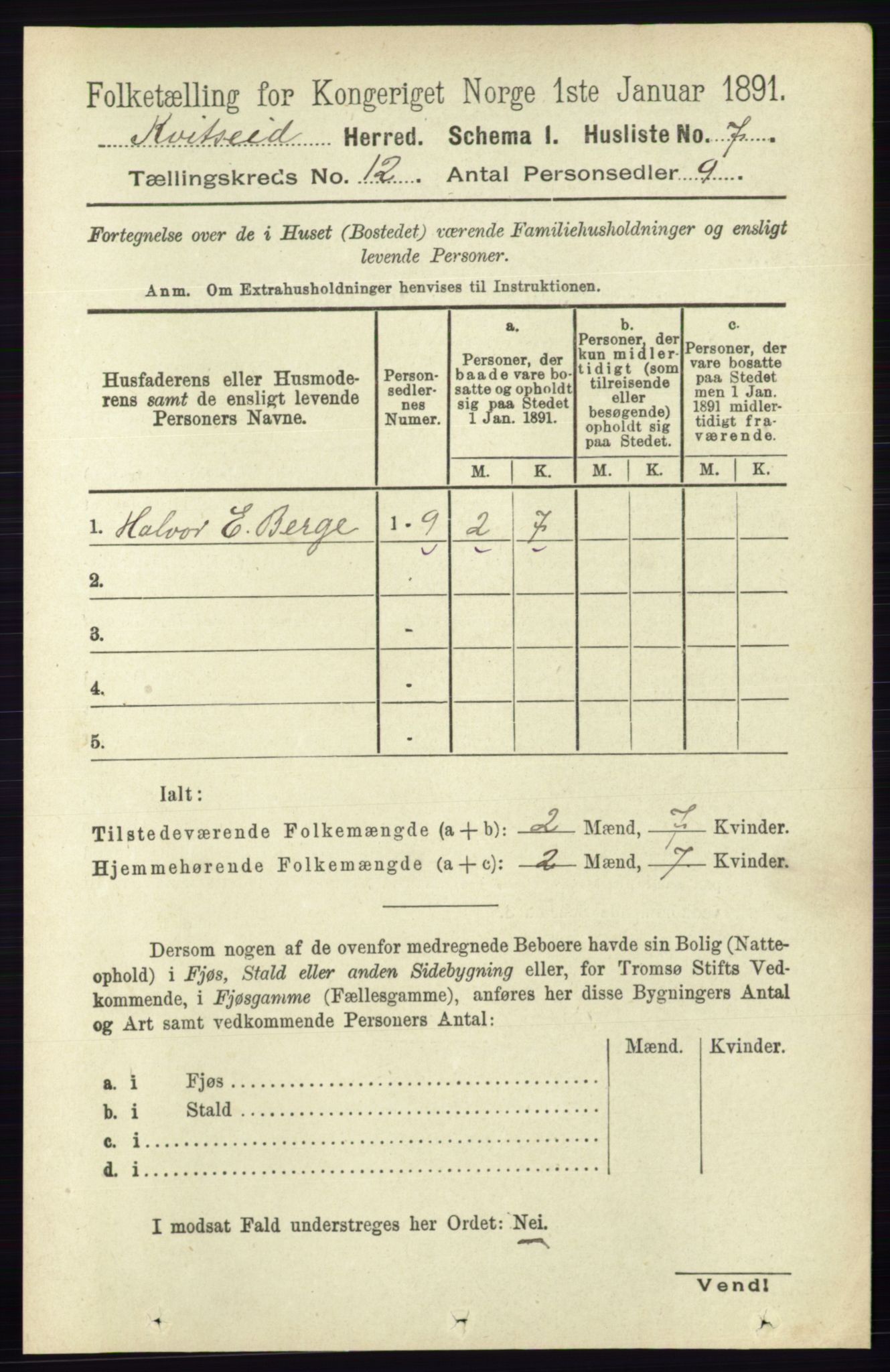 RA, 1891 census for 0829 Kviteseid, 1891, p. 2820