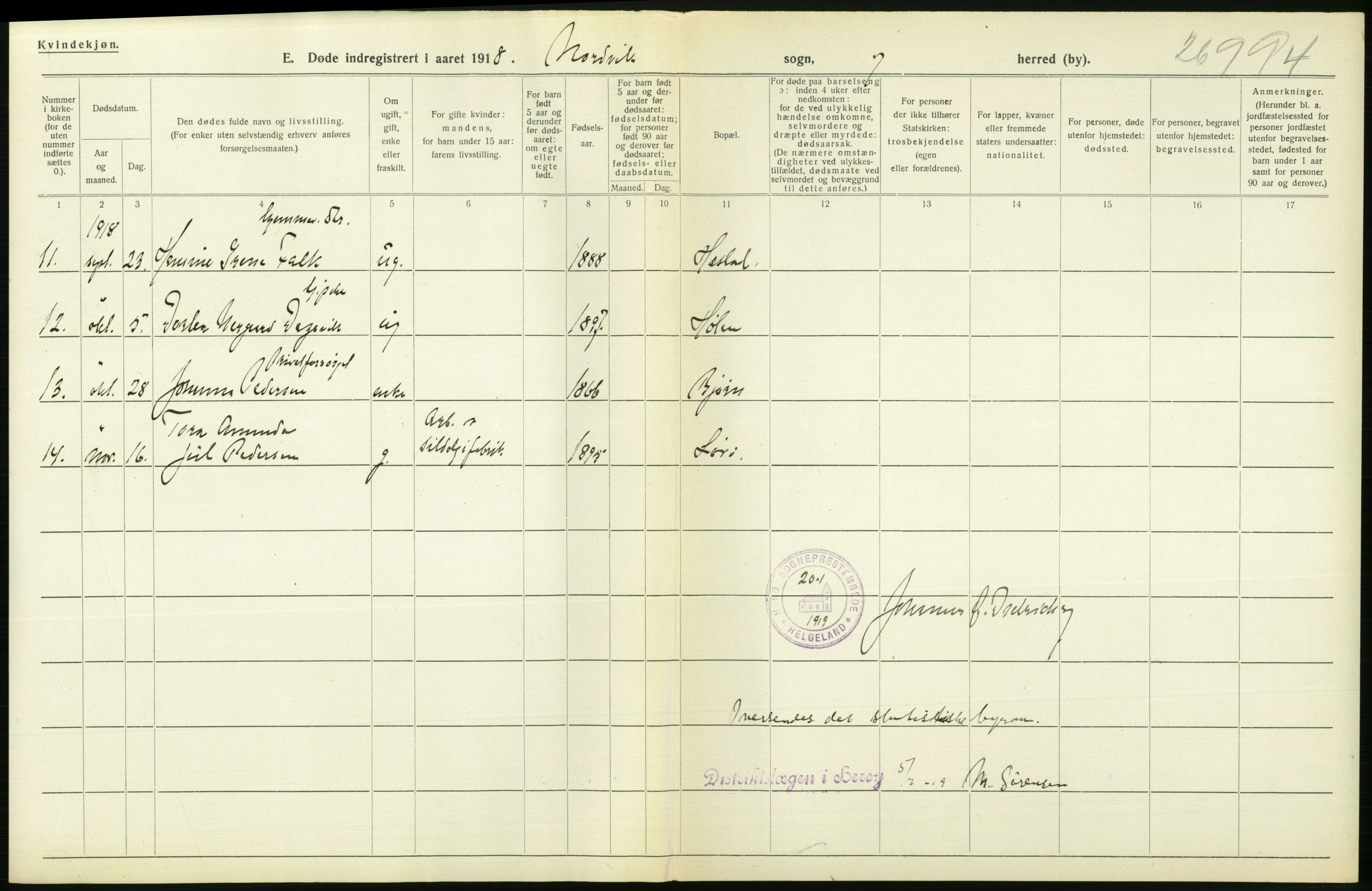 Statistisk sentralbyrå, Sosiodemografiske emner, Befolkning, AV/RA-S-2228/D/Df/Dfb/Dfbh/L0055: Nordland fylke: Døde. Bygder og byer., 1918, p. 234