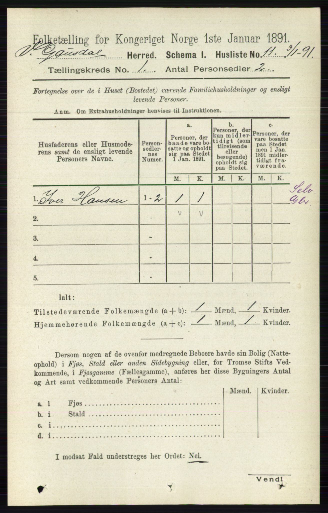 RA, 1891 census for 0523 Vestre Gausdal, 1891, p. 34