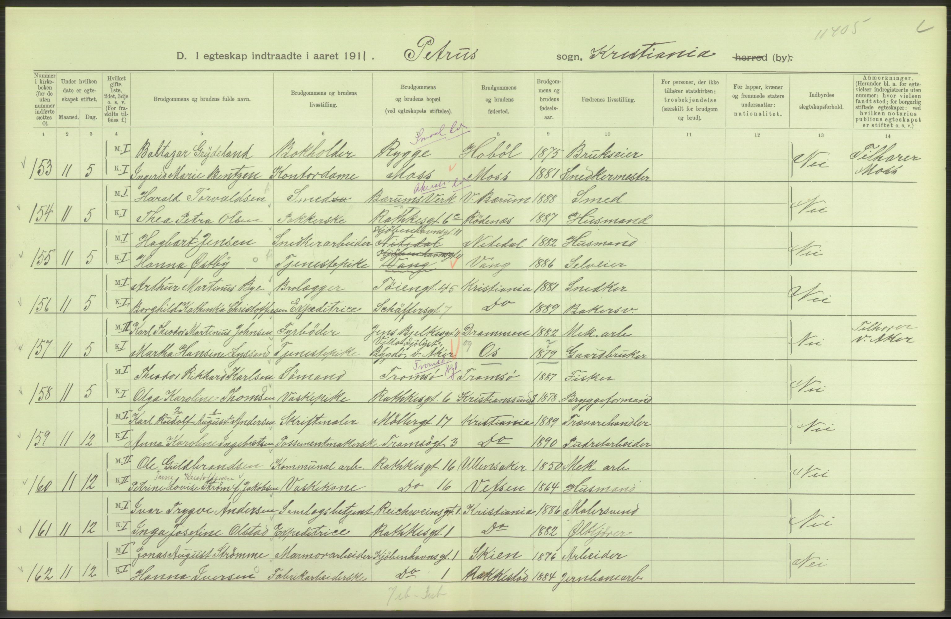 Statistisk sentralbyrå, Sosiodemografiske emner, Befolkning, AV/RA-S-2228/D/Df/Dfb/Dfba/L0008: Kristiania: Gifte, 1911, p. 36