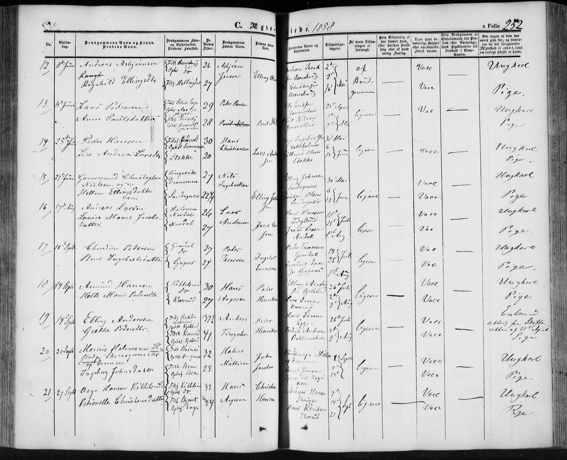 Lier kirkebøker, AV/SAKO-A-230/F/Fa/L0012: Parish register (official) no. I 12, 1854-1864, p. 252