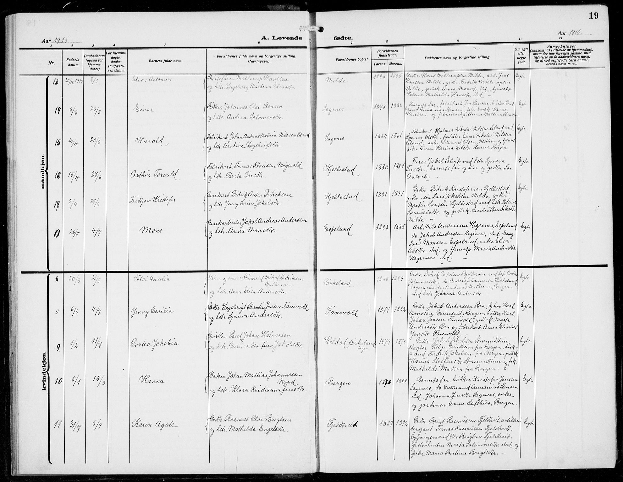 Fana Sokneprestembete, AV/SAB-A-75101/H/Hab/Haba/L0005: Parish register (copy) no. A 5, 1911-1932, p. 19