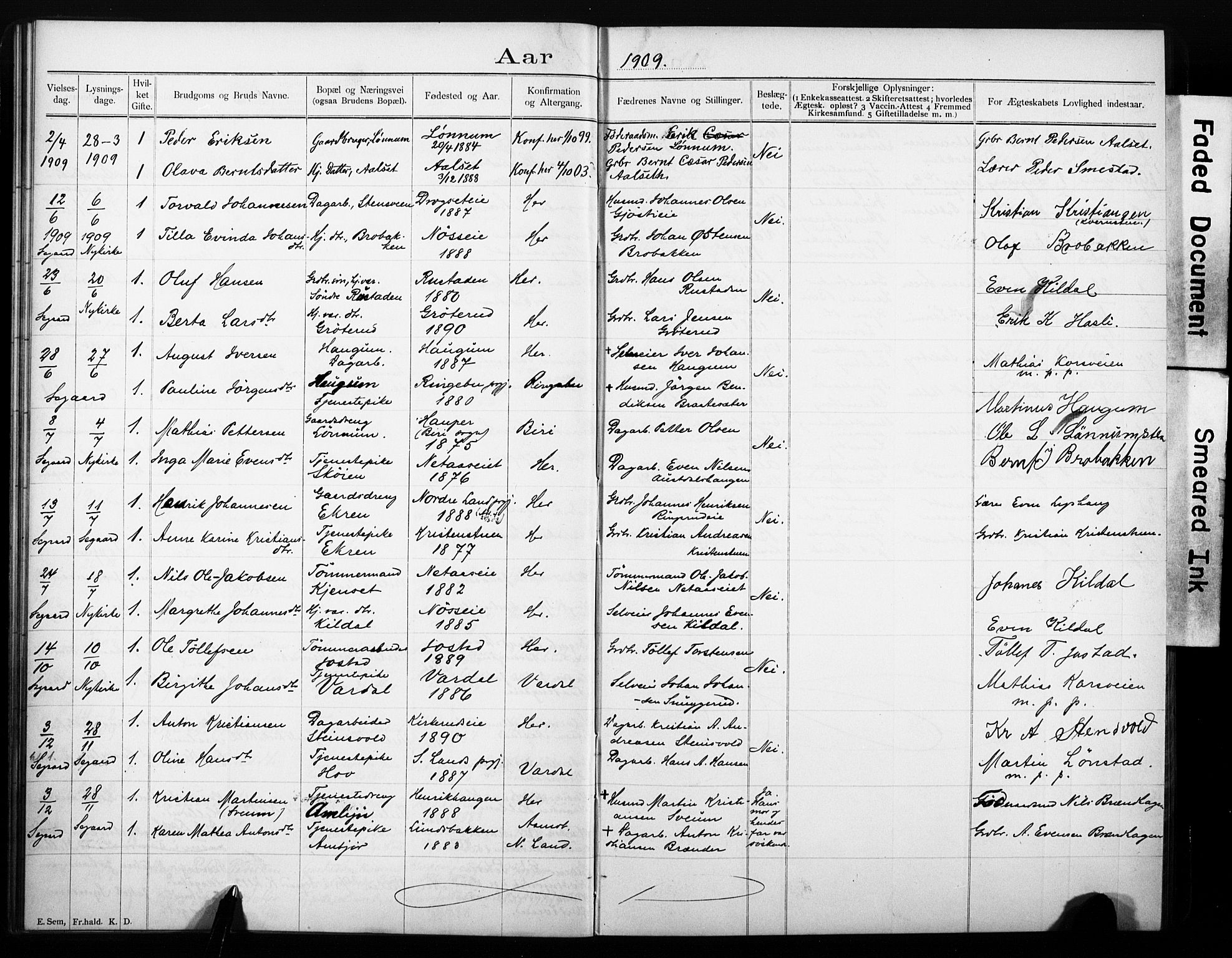 Biri prestekontor, AV/SAH-PREST-096/I/Ie: Banns register no. 1, 1900-1918