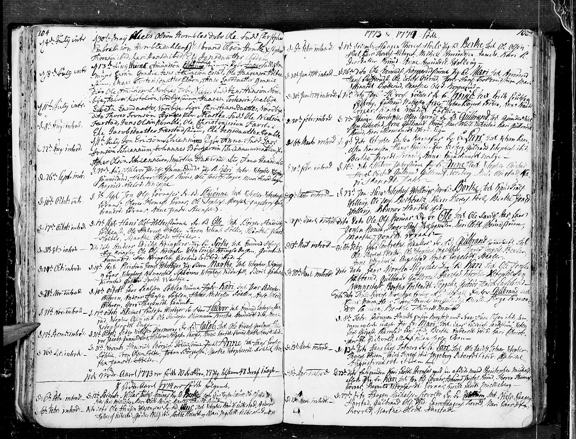 Nannestad prestekontor Kirkebøker, SAO/A-10414a/F/Fa/L0007: Parish register (official) no. I 7, 1754-1791, p. 104-105