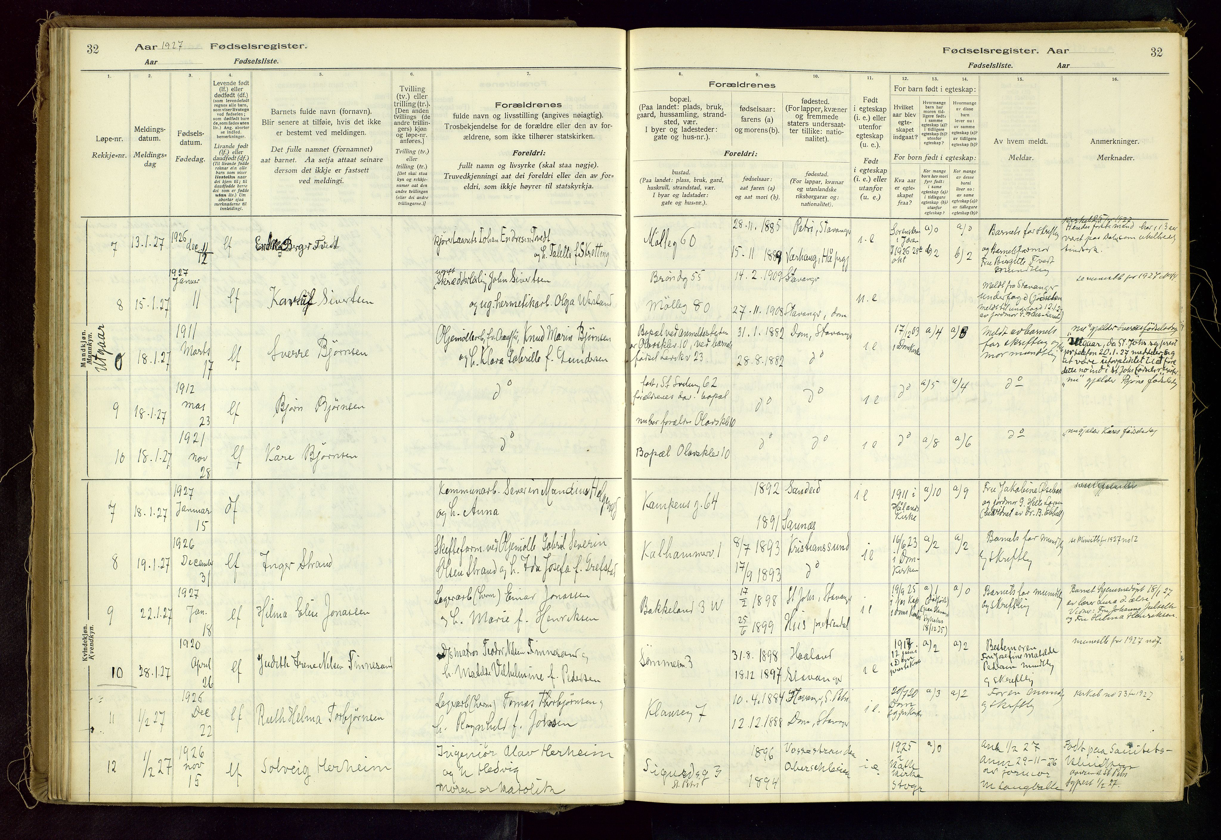 Domkirken sokneprestkontor, AV/SAST-A-101812/002/A/L0001: Birth register no. 1, 1925-1932, p. 32