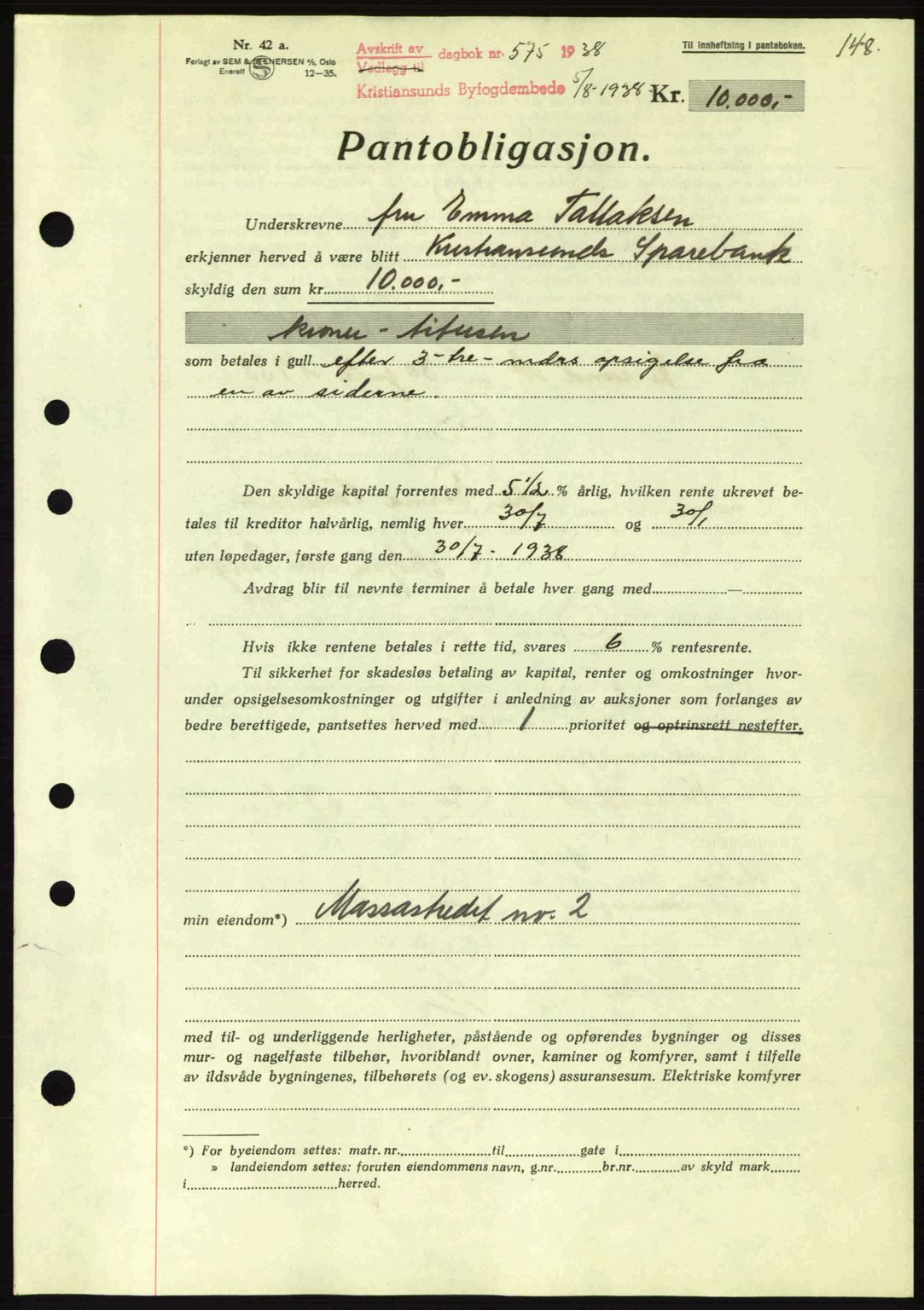 Kristiansund byfogd, SAT/A-4587/A/27: Mortgage book no. 31, 1938-1939, Diary no: : 575/1938