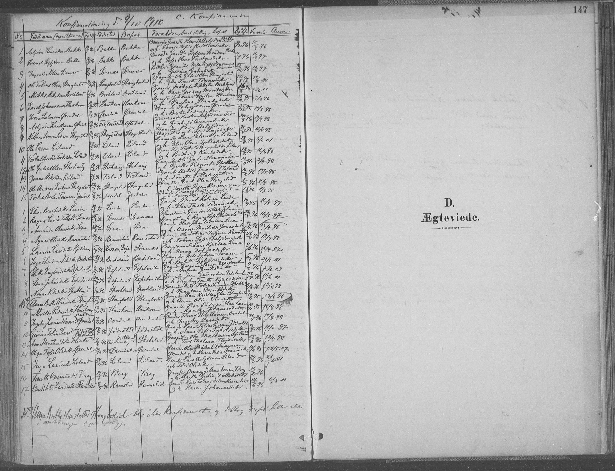 Bakke sokneprestkontor, SAK/1111-0002/F/Fa/Faa/L0008: Parish register (official) no. A 8, 1887-1911, p. 147