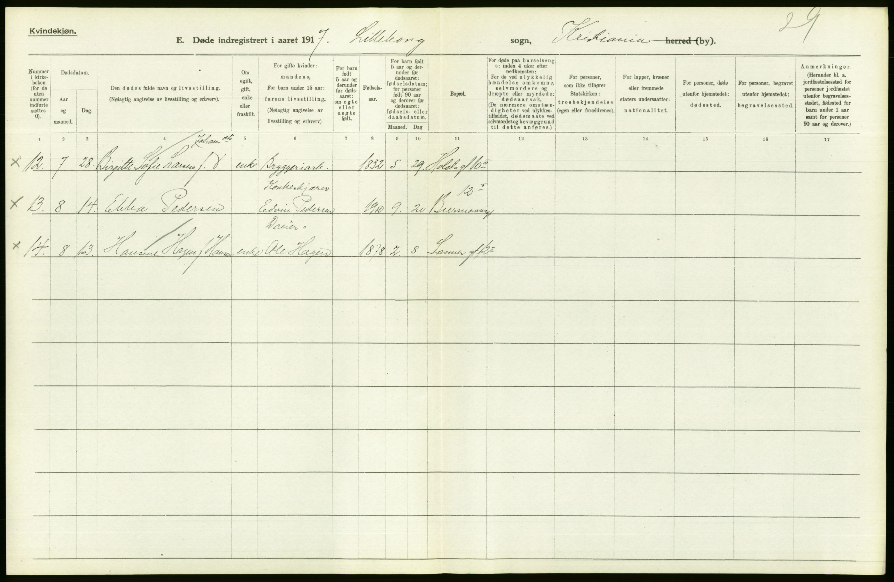 Statistisk sentralbyrå, Sosiodemografiske emner, Befolkning, AV/RA-S-2228/D/Df/Dfb/Dfbg/L0010: Kristiania: Døde, 1917, p. 154