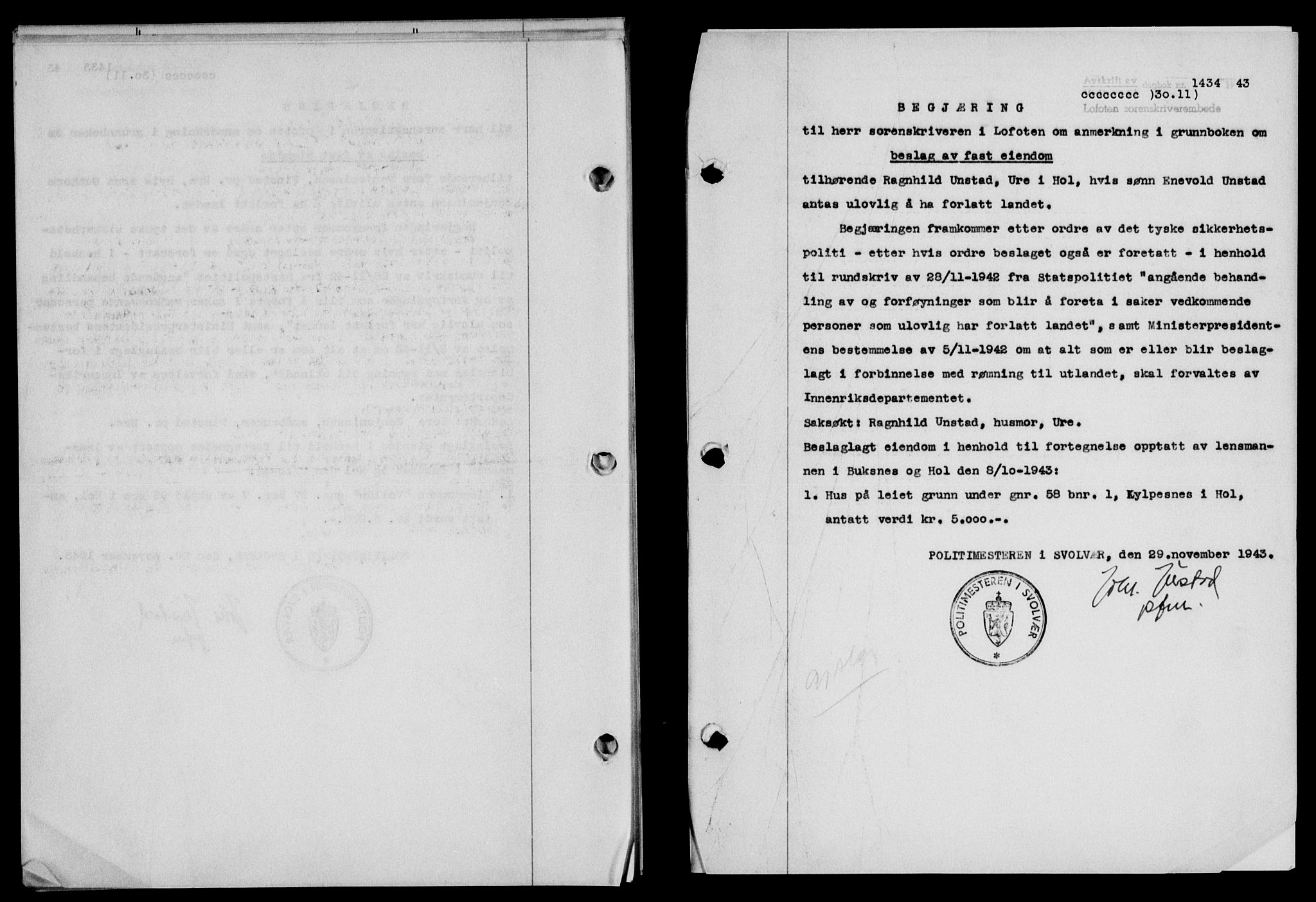 Lofoten sorenskriveri, SAT/A-0017/1/2/2C/L0011a: Mortgage book no. 11a, 1943-1943, Diary no: : 1434/1943