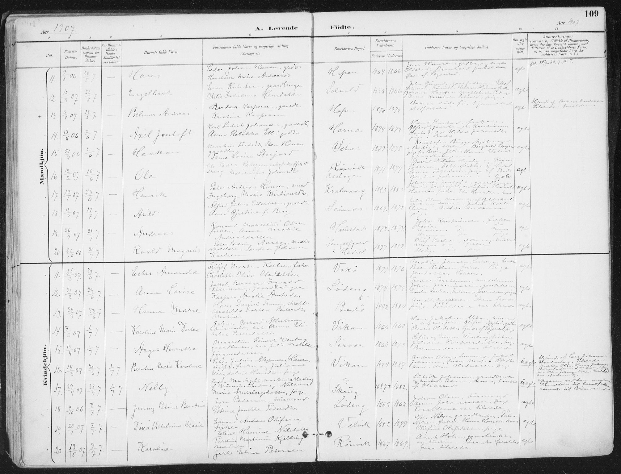 Ministerialprotokoller, klokkerbøker og fødselsregistre - Nordland, SAT/A-1459/802/L0055: Parish register (official) no. 802A02, 1894-1915, p. 109