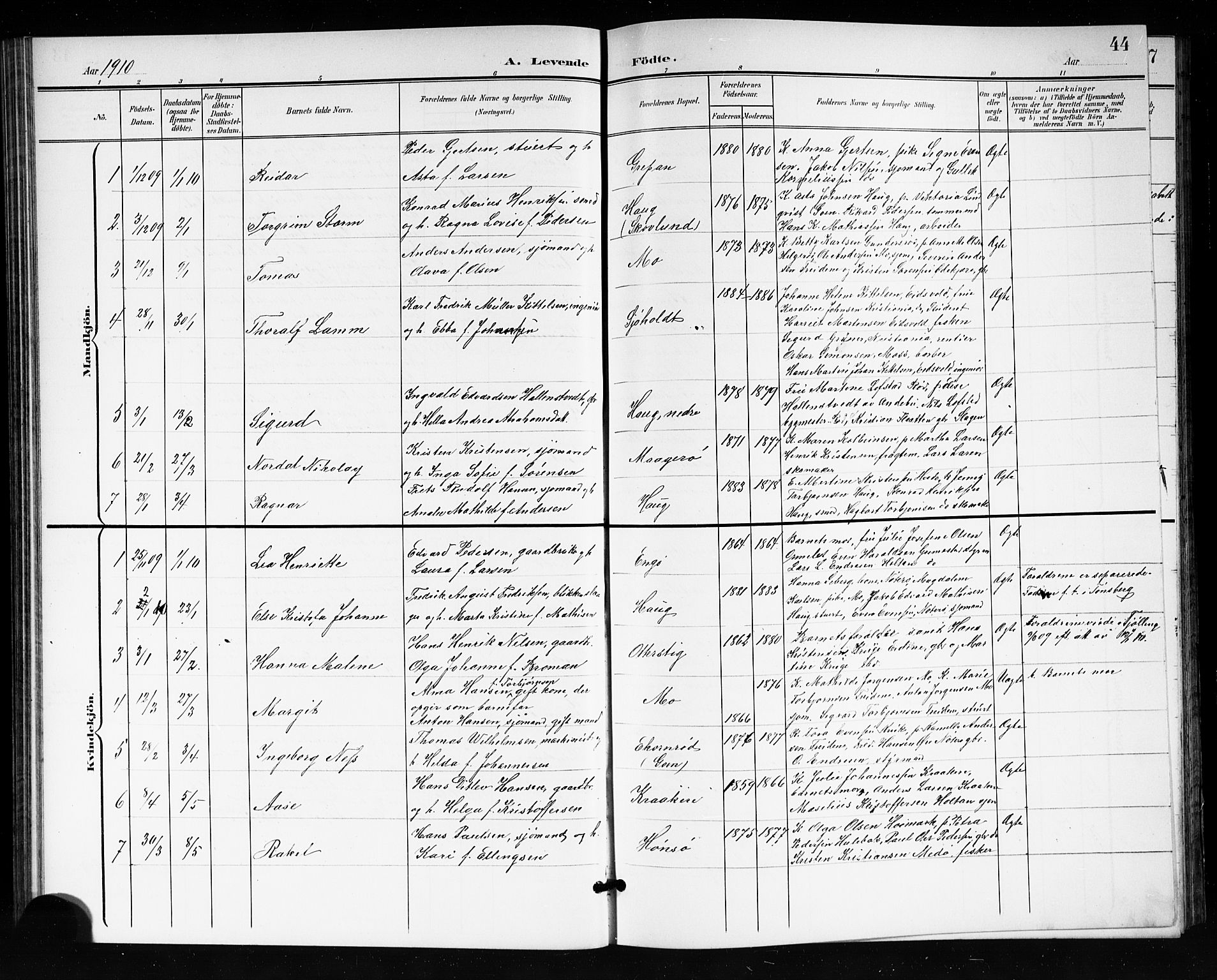 Tjøme kirkebøker, AV/SAKO-A-328/G/Ga/L0001: Parish register (copy) no. I 1, 1901-1910, p. 44