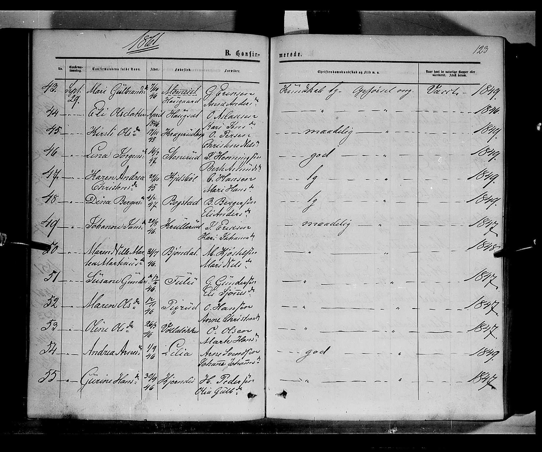 Sør-Odal prestekontor, SAH/PREST-030/H/Ha/Haa/L0002: Parish register (official) no. 2, 1859-1863, p. 123