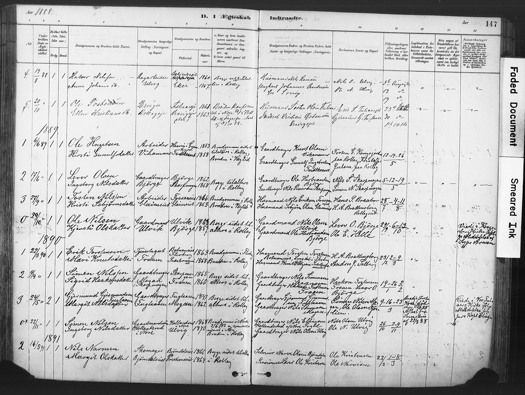 Rollag kirkebøker, SAKO/A-240/F/Fa/L0011: Parish register (official) no. I 11, 1878-1902, p. 147