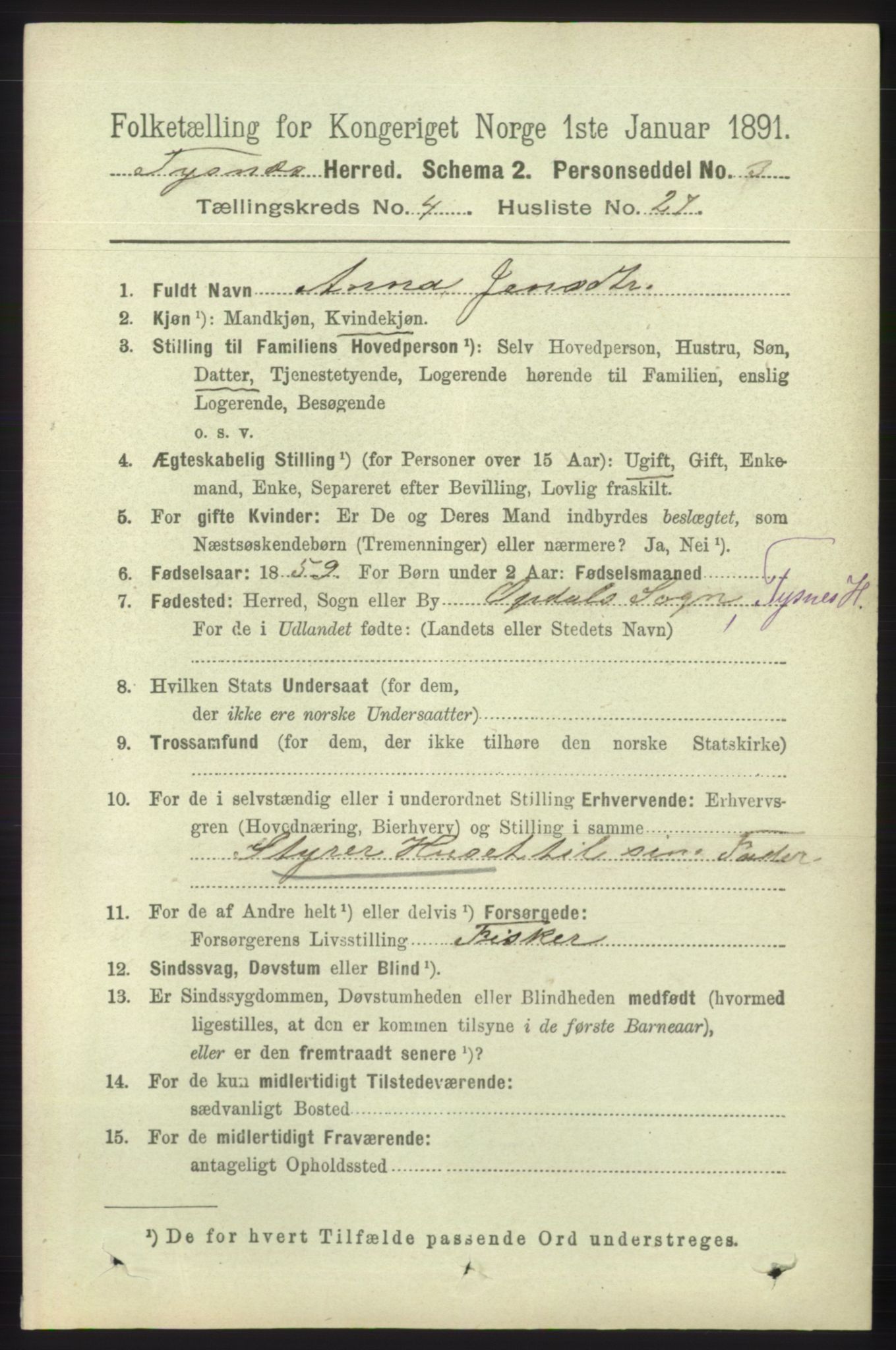 RA, 1891 census for 1223 Tysnes, 1891, p. 1684