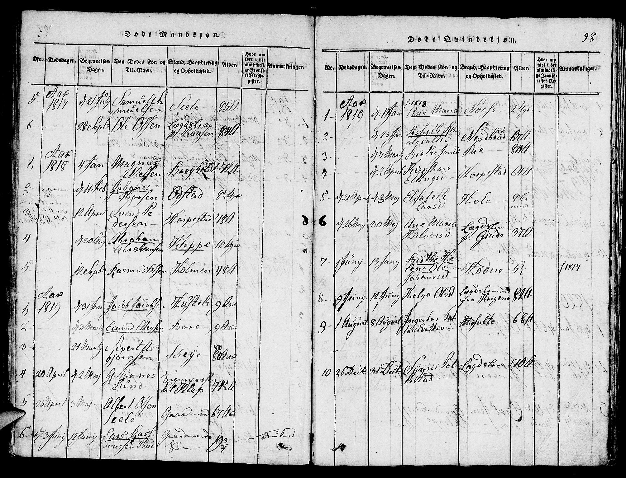 Klepp sokneprestkontor, SAST/A-101803/001/3/30BA/L0002: Parish register (official) no. A 2, 1816-1833, p. 98