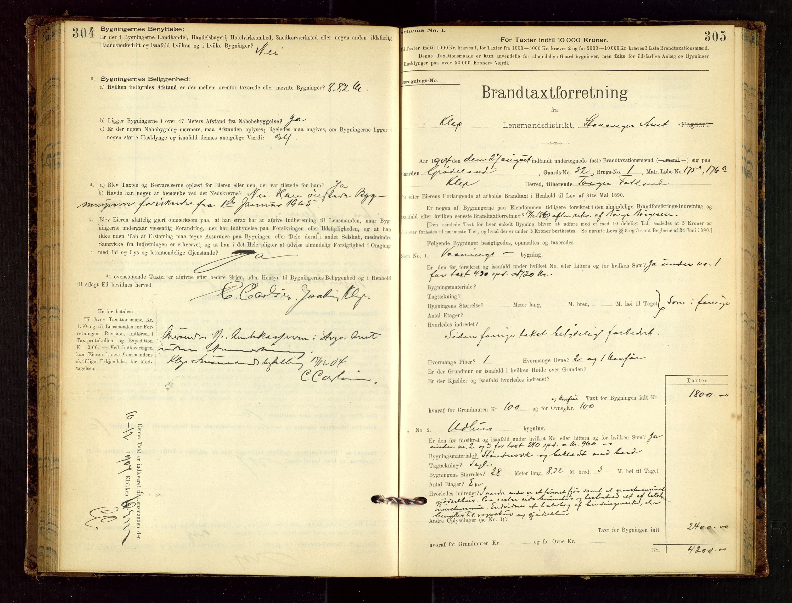 Klepp lensmannskontor, AV/SAST-A-100163/Goc/L0002: "Brandtaxationsprotokol" m/register, 1898-1902, p. 304-305