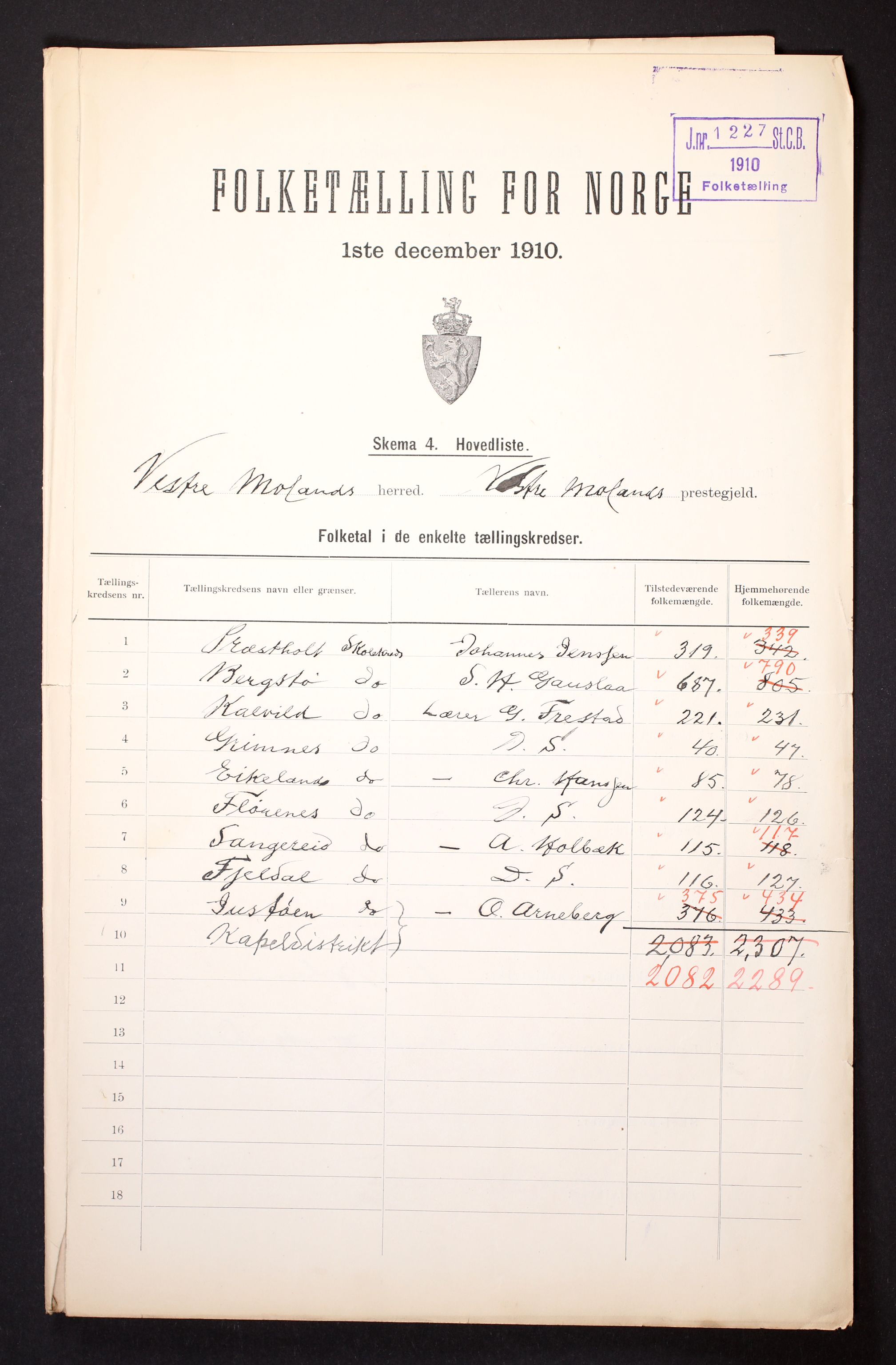 RA, 1910 census for Vestre Moland, 1910, p. 2
