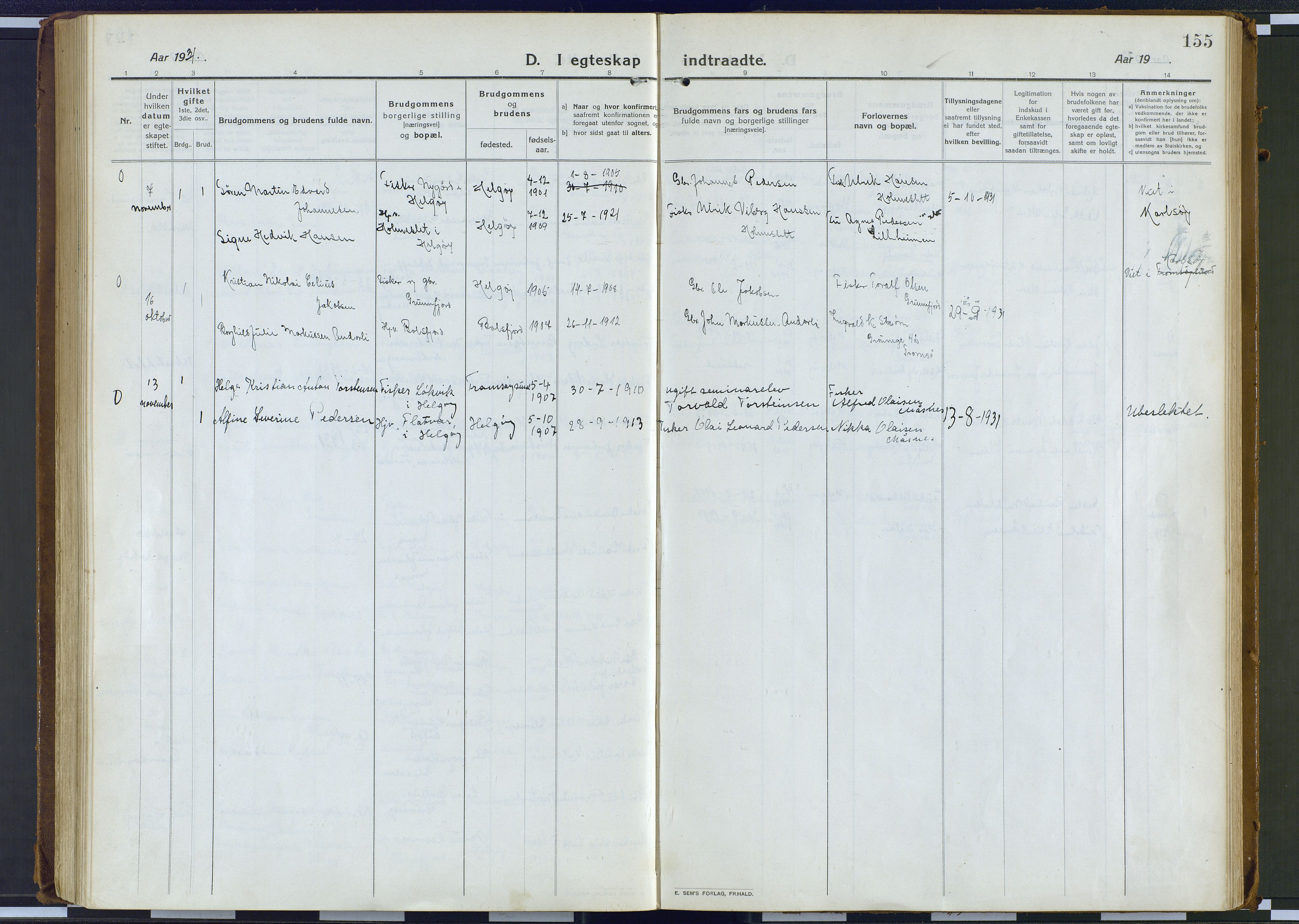 Karlsøy sokneprestembete, AV/SATØ-S-1299/H/Ha/Haa/L0016kirke: Parish register (official) no. 16, 1916-1934, p. 155