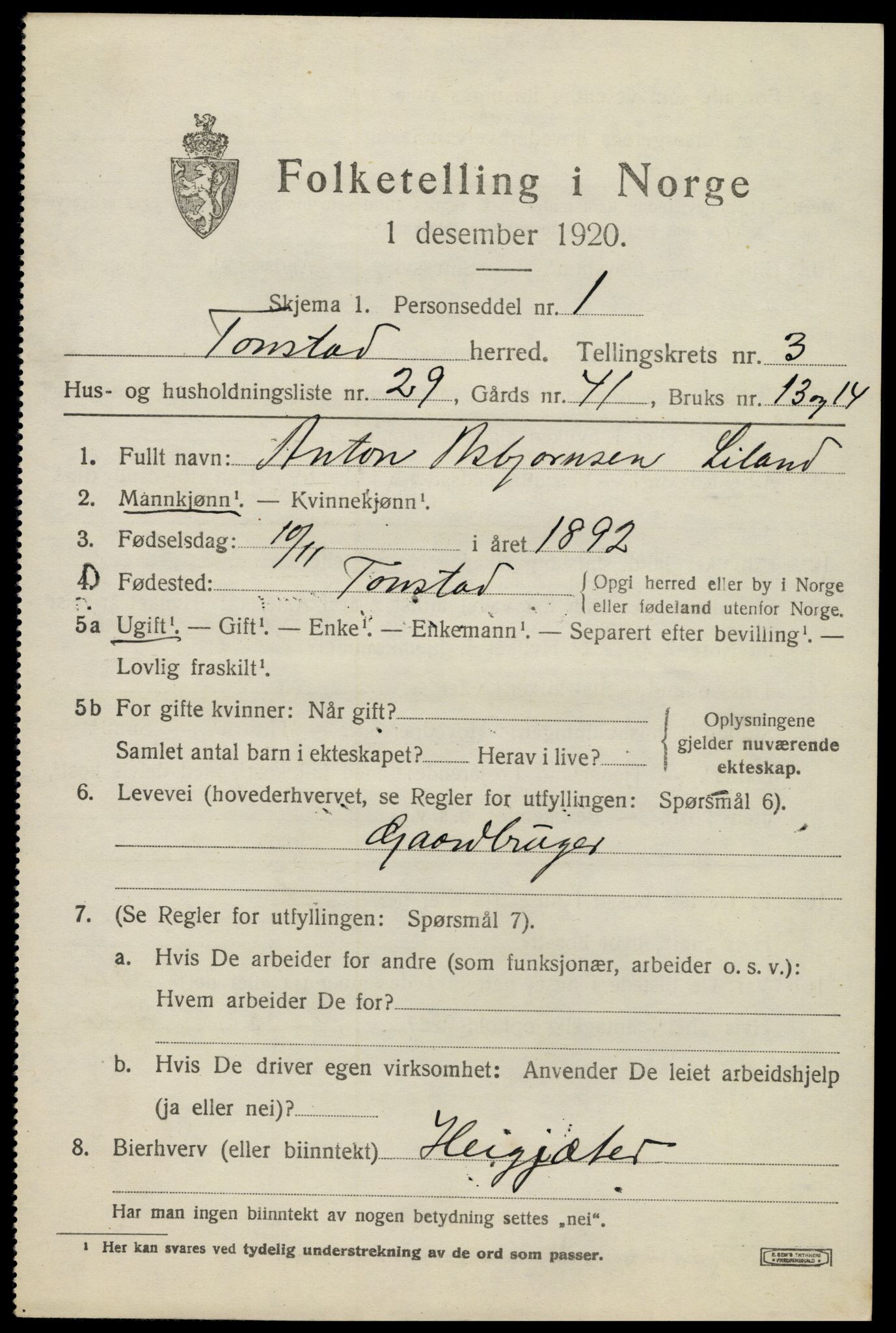 SAK, 1920 census for Tonstad, 1920, p. 1284