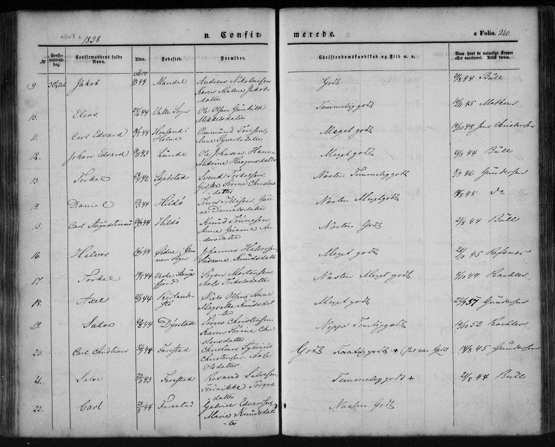 Mandal sokneprestkontor, AV/SAK-1111-0030/F/Fa/Faa/L0013: Parish register (official) no. A 13, 1847-1859, p. 260